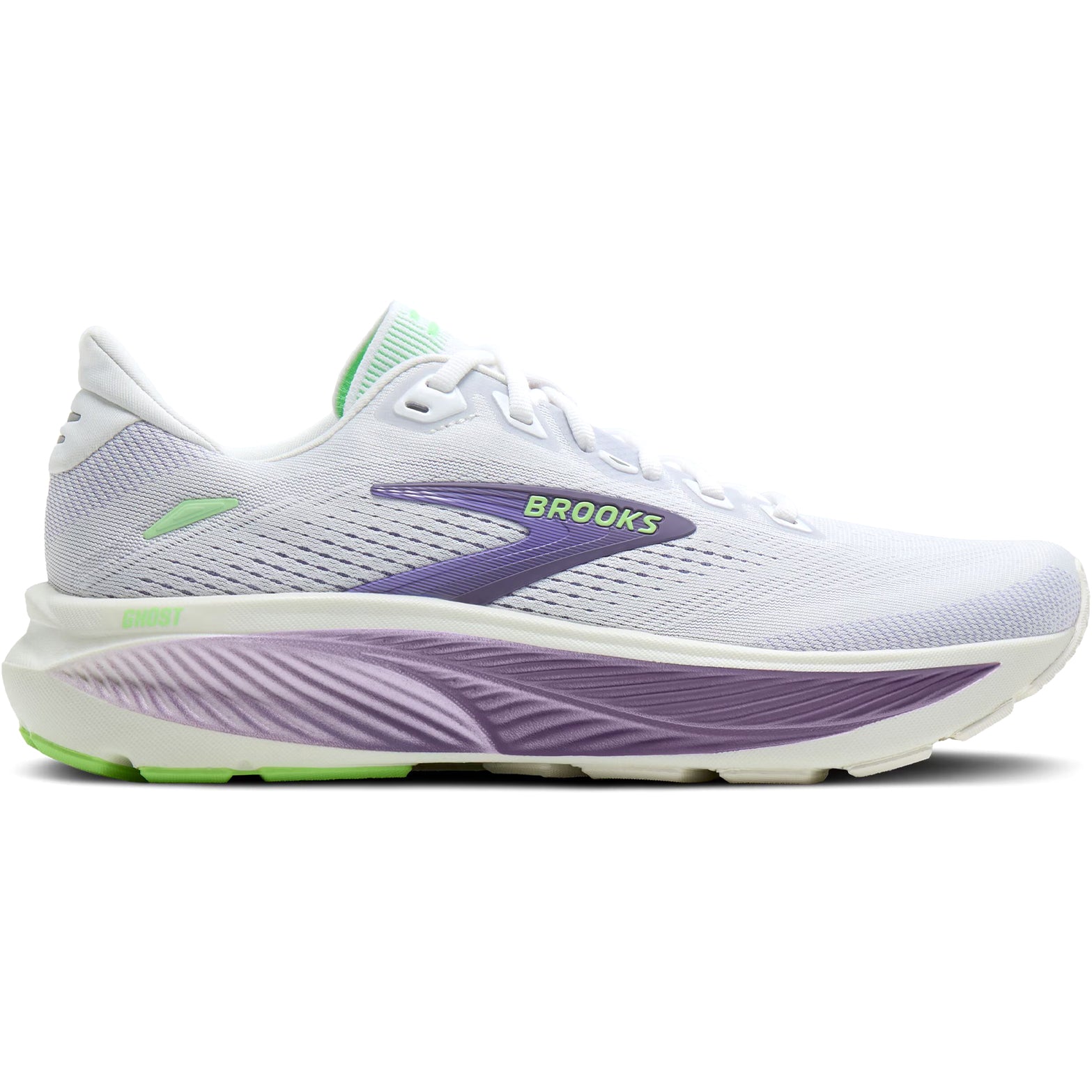 Brooks Ghost 18 women's running shoe in White / Purple Hebe / Green — outer view showing white engineered air mesh upper with purple hebe and green accent detailing and DNA LOFT v3 foam midsole profile