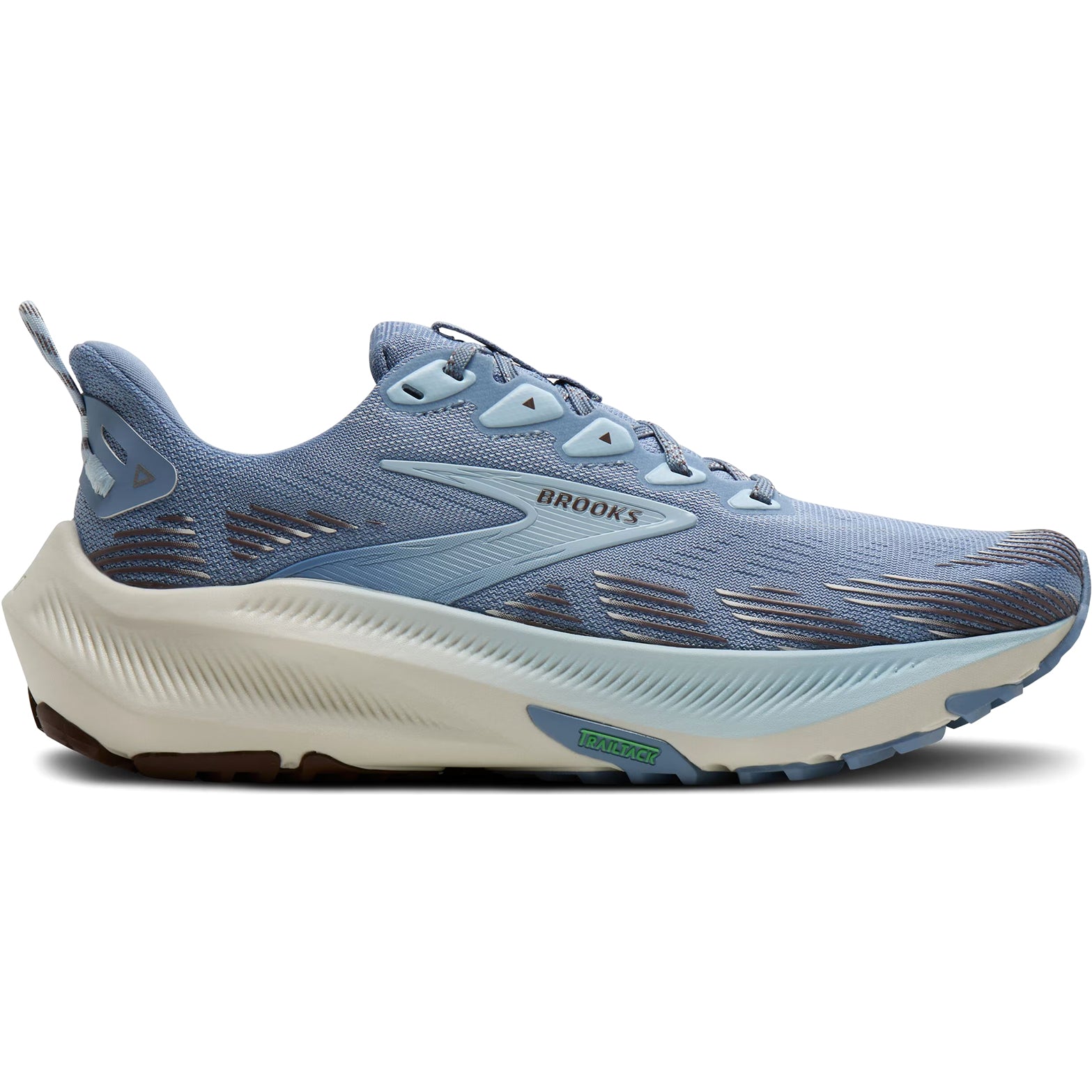Women's Brooks Ghost Trail Running Shoes Blue Blue Brown outer side view showing nitrogen-infused cushioning with TrailTack Green rubber outsole and 3mm lugs for confident mixed terrain running