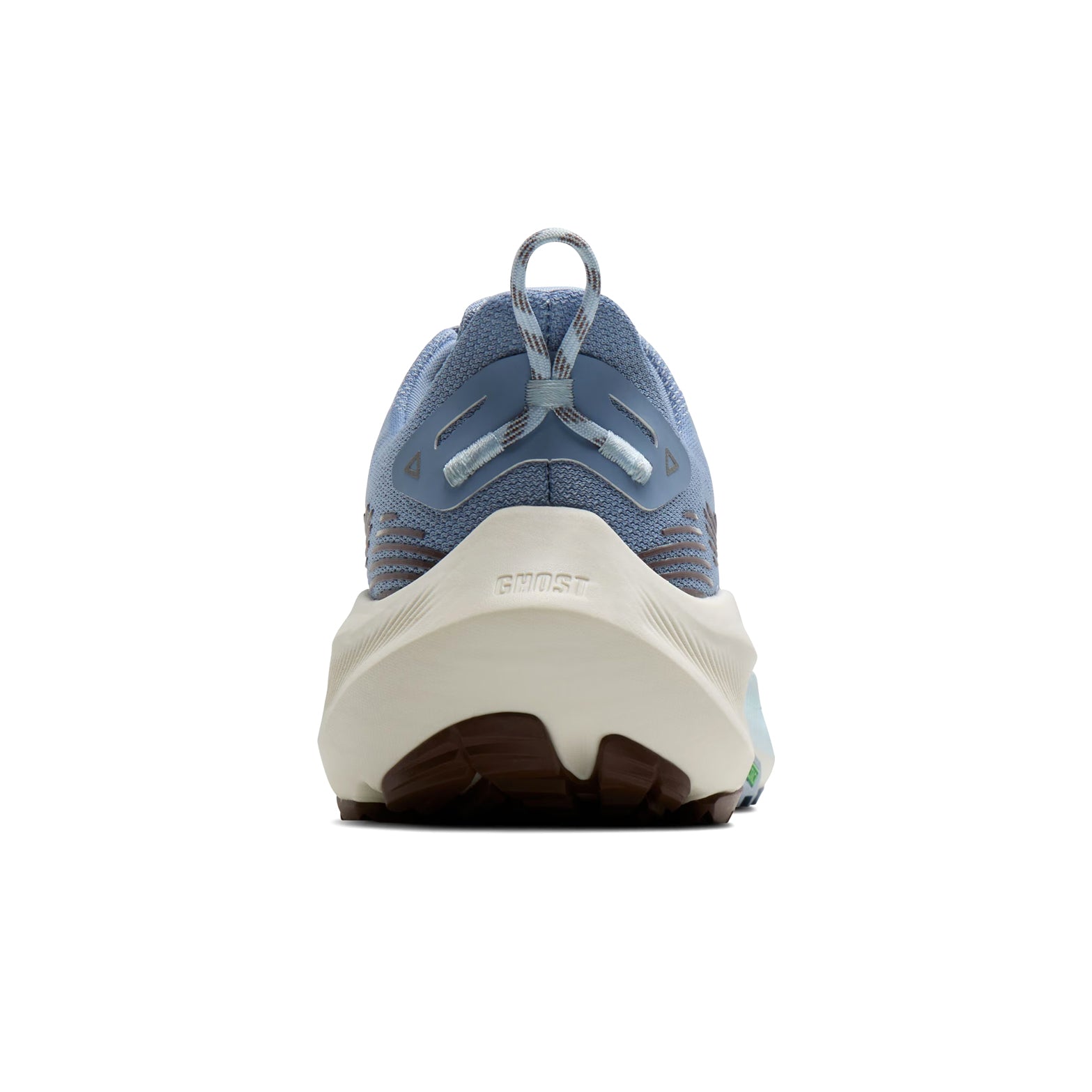 Women's Brooks Ghost Trail Running Shoes Blue Blue Brown heel view showing nitrogen-infused cushioning with flexible TrailTack outsole for soft landings during trail running