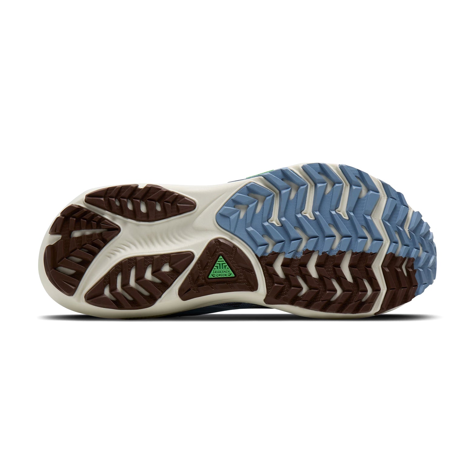 Women's Brooks Ghost Trail Running Shoes Blue Blue Brown sole view displaying TrailTack Green rubber outsole with 3mm lugs for reliable traction on wet and dry trail surfaces