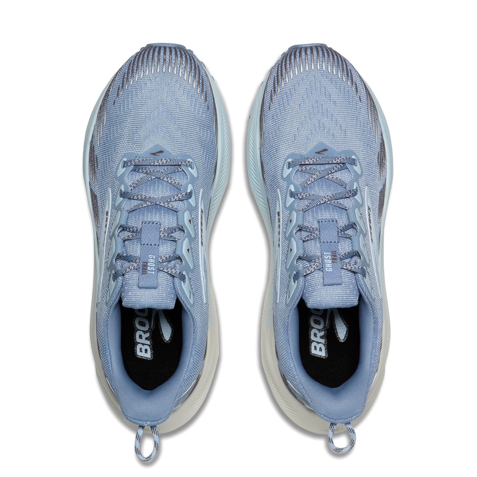 Women's Brooks Ghost Trail Running Shoes Blue Blue Brown top view showing soft breathable air mesh upper with 3D printed toe cap layer and mudguard for off-road protection
