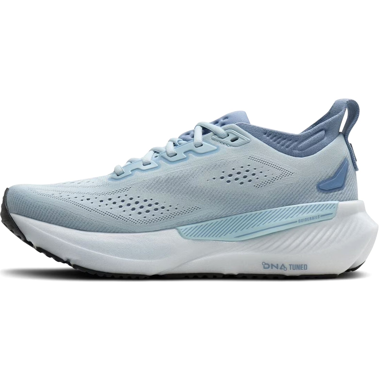 Brooks Glycerin GTS 23 women's running shoe in Nantucket Breeze / Rain / Clear — inner view showing nantucket breeze engineered knit upper, rain midsole detailing, GuideRails support structure and DNA TUNED cushioning construction