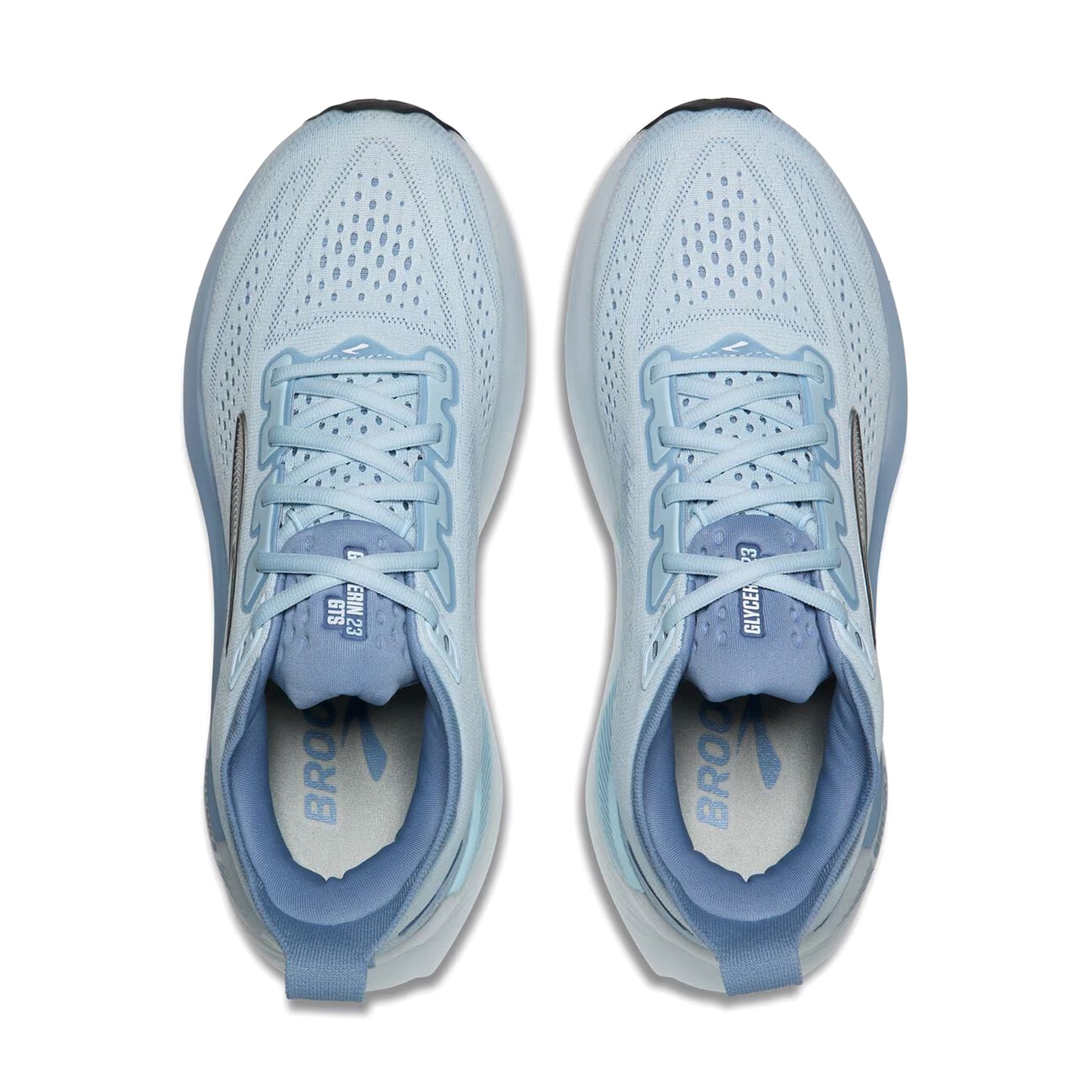 Brooks Glycerin GTS 23 women's running shoe in Nantucket Breeze / Rain / Clear — top-down view showing nantucket breeze triple jacquard warp knit upper construction, lace closure and clear accent detailing