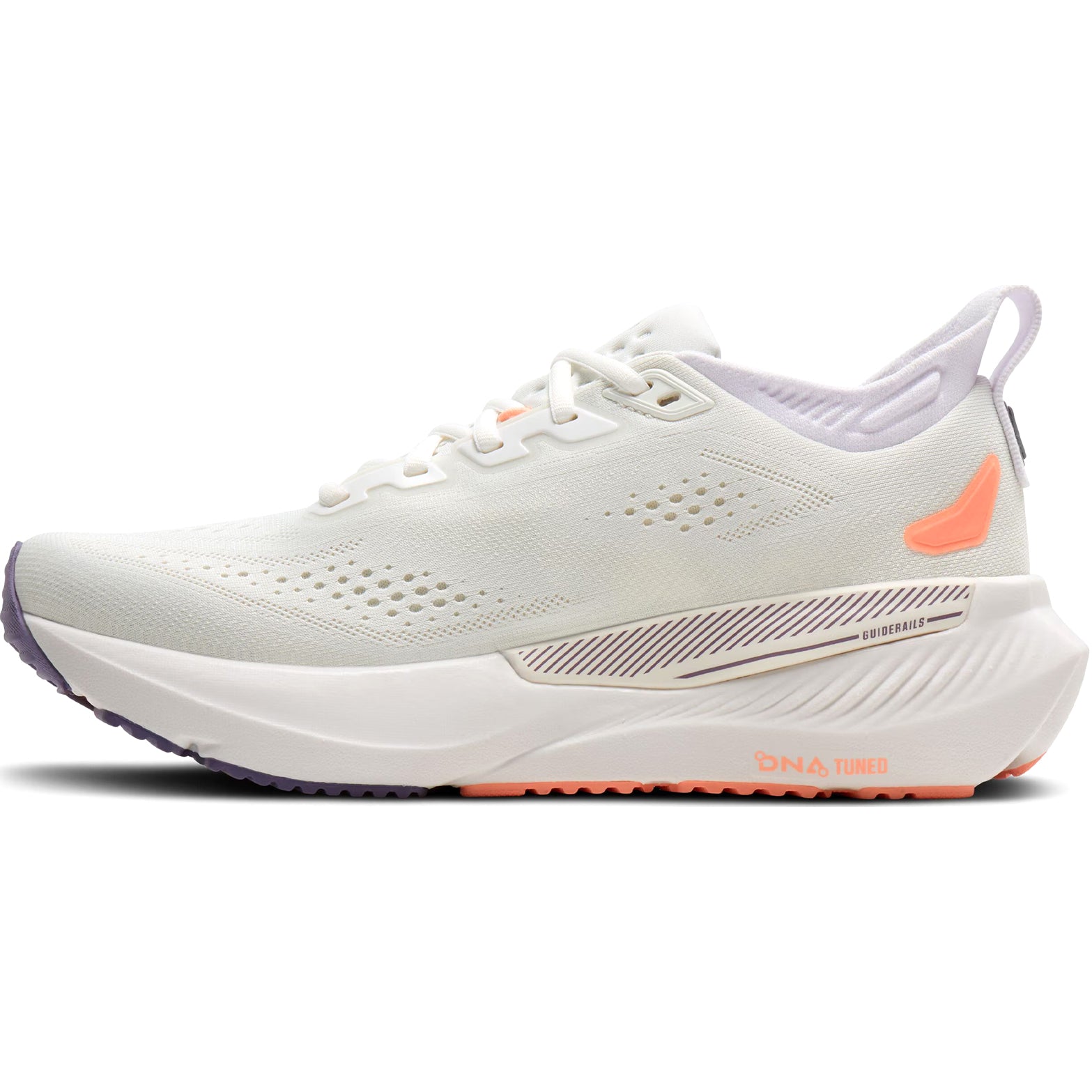 Brooks Glycerin GTS 23 women's running shoe in White / Mulled Grape / Clear — inner view showing white engineered knit upper, mulled grape midsole detailing, GuideRails support structure and DNA TUNED cushioning construction