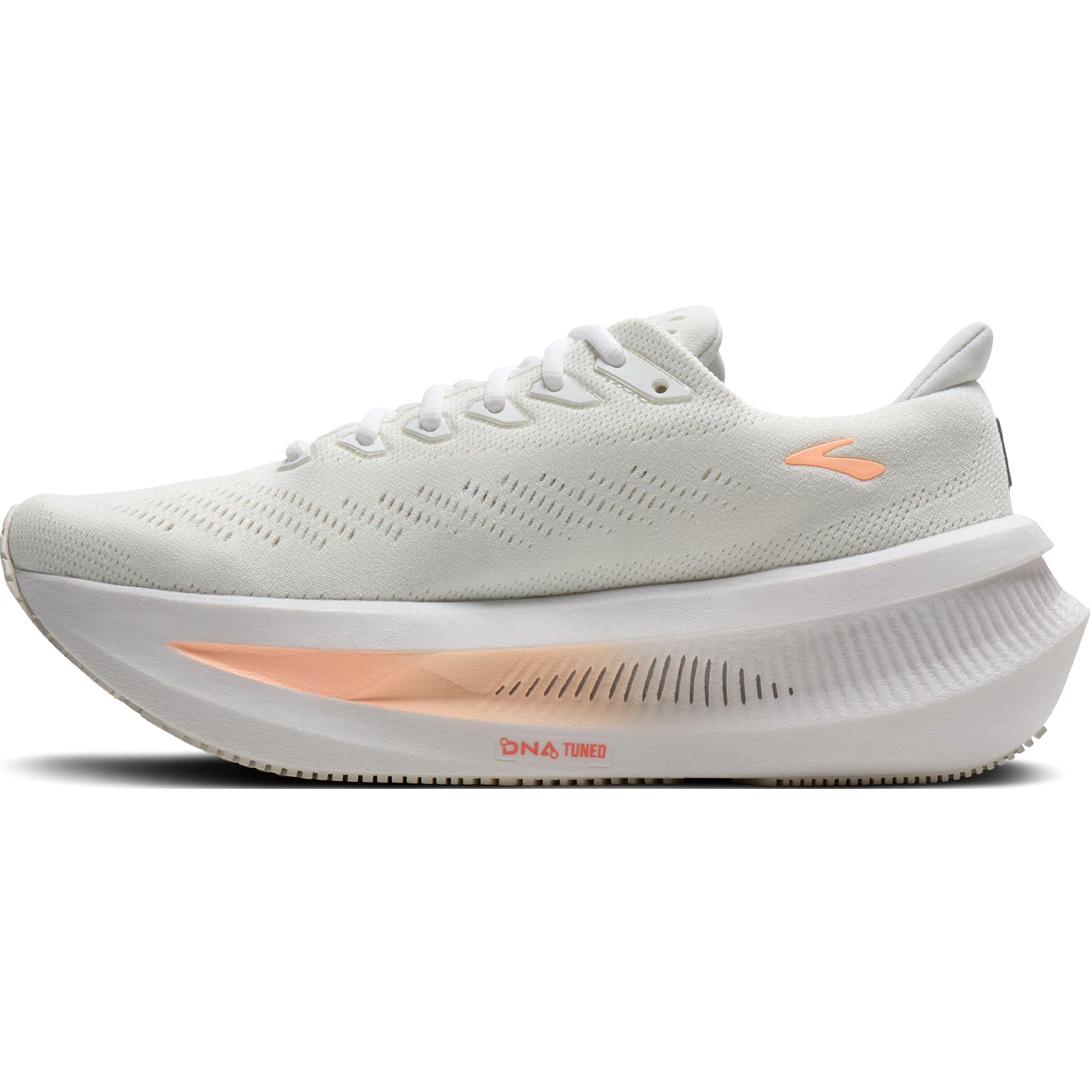 Women's Brooks Glycerin Max 2 Running Shoes White Orange inner side view showing DNA TUNED foam cushioning with large heel cells and small forefoot cells