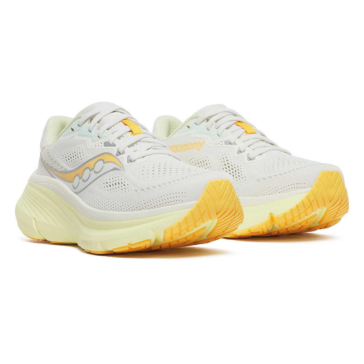 Women's Saucony Guide 19 Running Shoes Ivory Tender pair angled side view showing softer PWRRUN cushioning, CenterPath guided support and adaptive mesh upper
