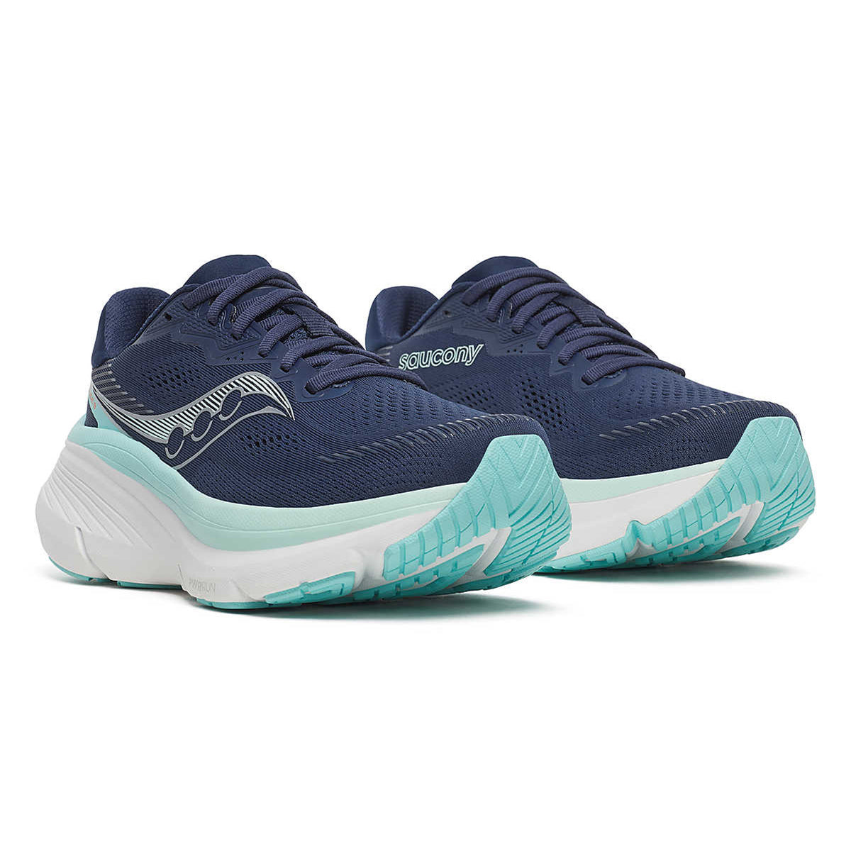 Women's Saucony Guide 19 Running Shoes Navy Aqua pair angled side view showing softer PWRRUN cushioning, CenterPath guided support and adaptive mesh upper