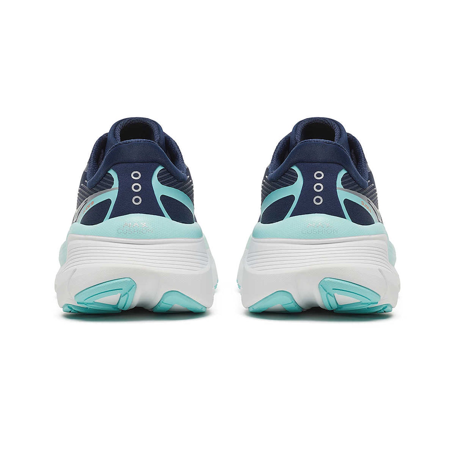 Women's Saucony Guide 19 Running Shoes Navy Aqua heel view showing maximum PWRRUN cushioning stack and CenterPath Technology support