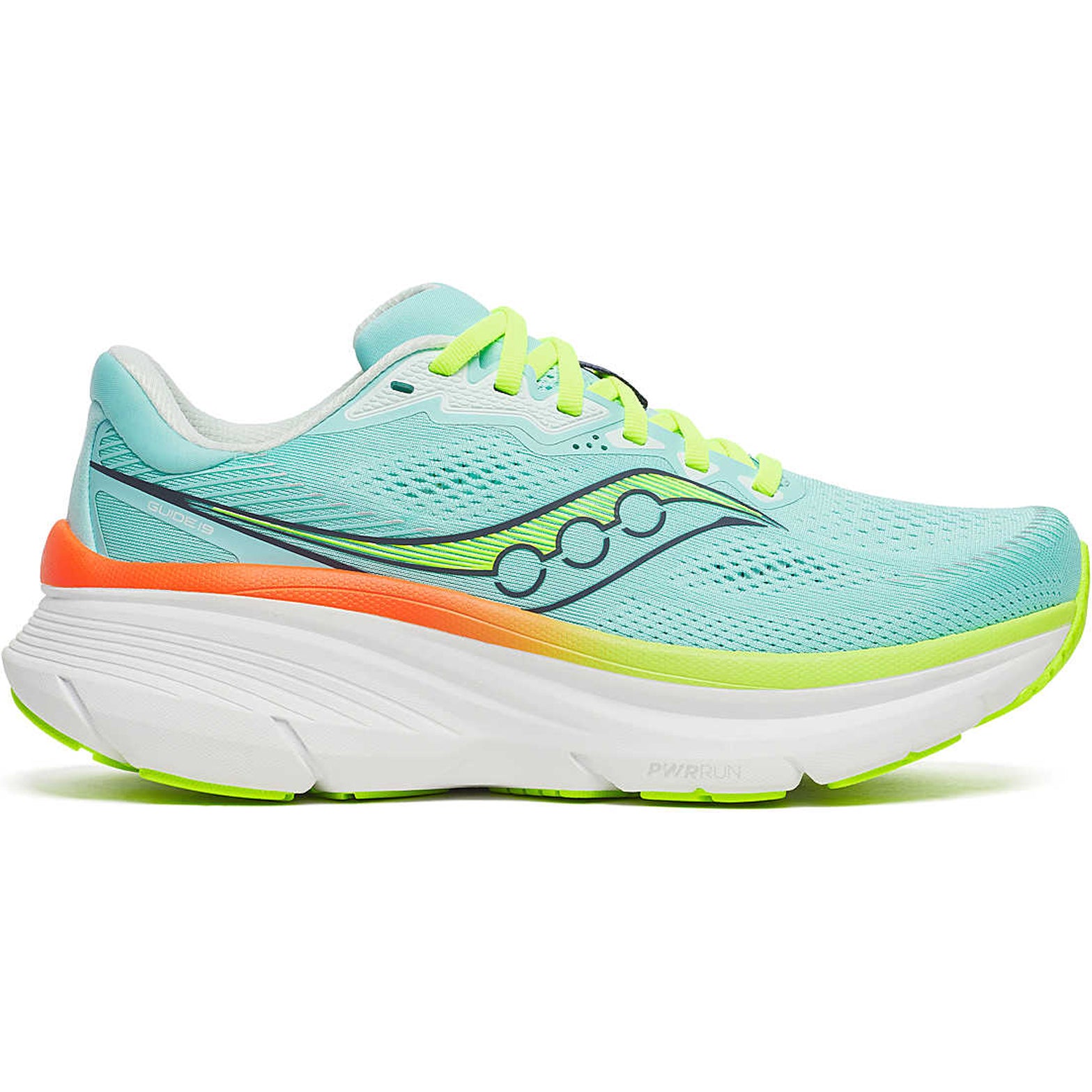 Women's Saucony Guide 19 Running Shoes Splash Citron outer side view showing softer PWRRUN cushioning midsole and CenterPath Technology sidewalls