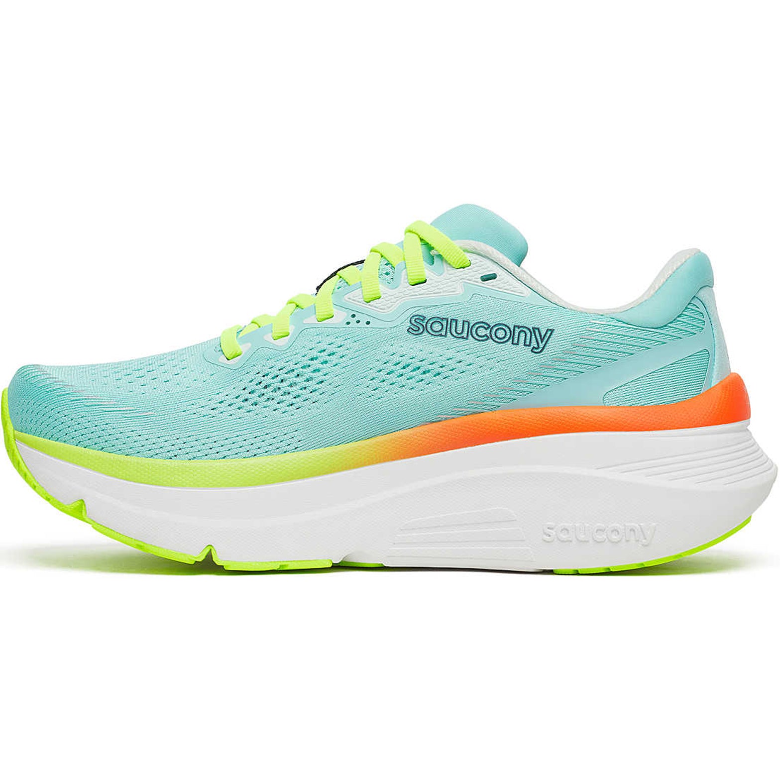 Women's Saucony Guide 19 Running Shoes Splash Citron inner side view showing PWRRUN foam cushioning and CenterPath balanced support geometry