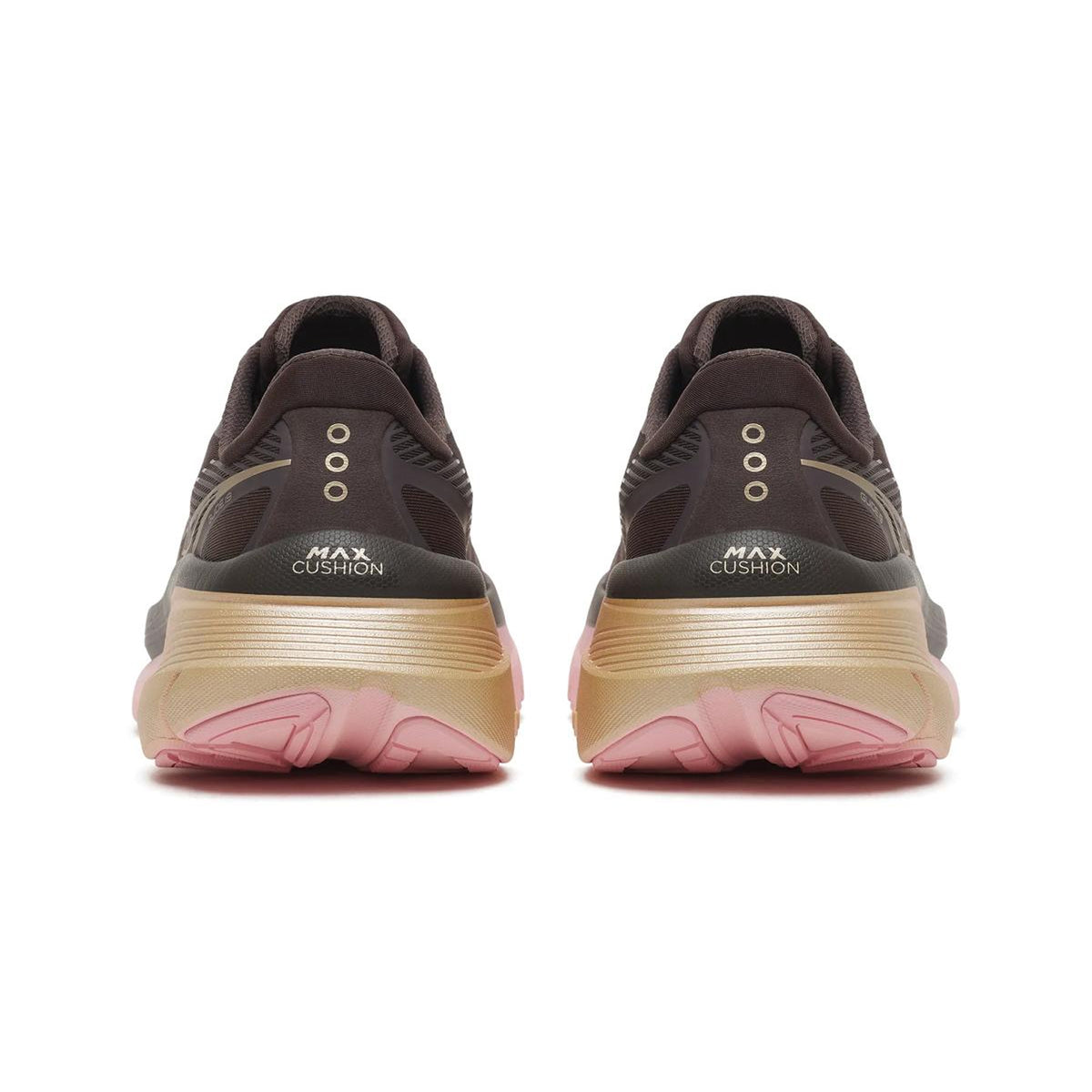A pair of Saucony Women’s Guide 19 Running Shoes in Torte/Aureate is shown from the back, featuring brown uppers, gold midsoles labeled MAX CUSHION, and pink outsoles—these maximum cushioning running shoes provide guided support for every stride.