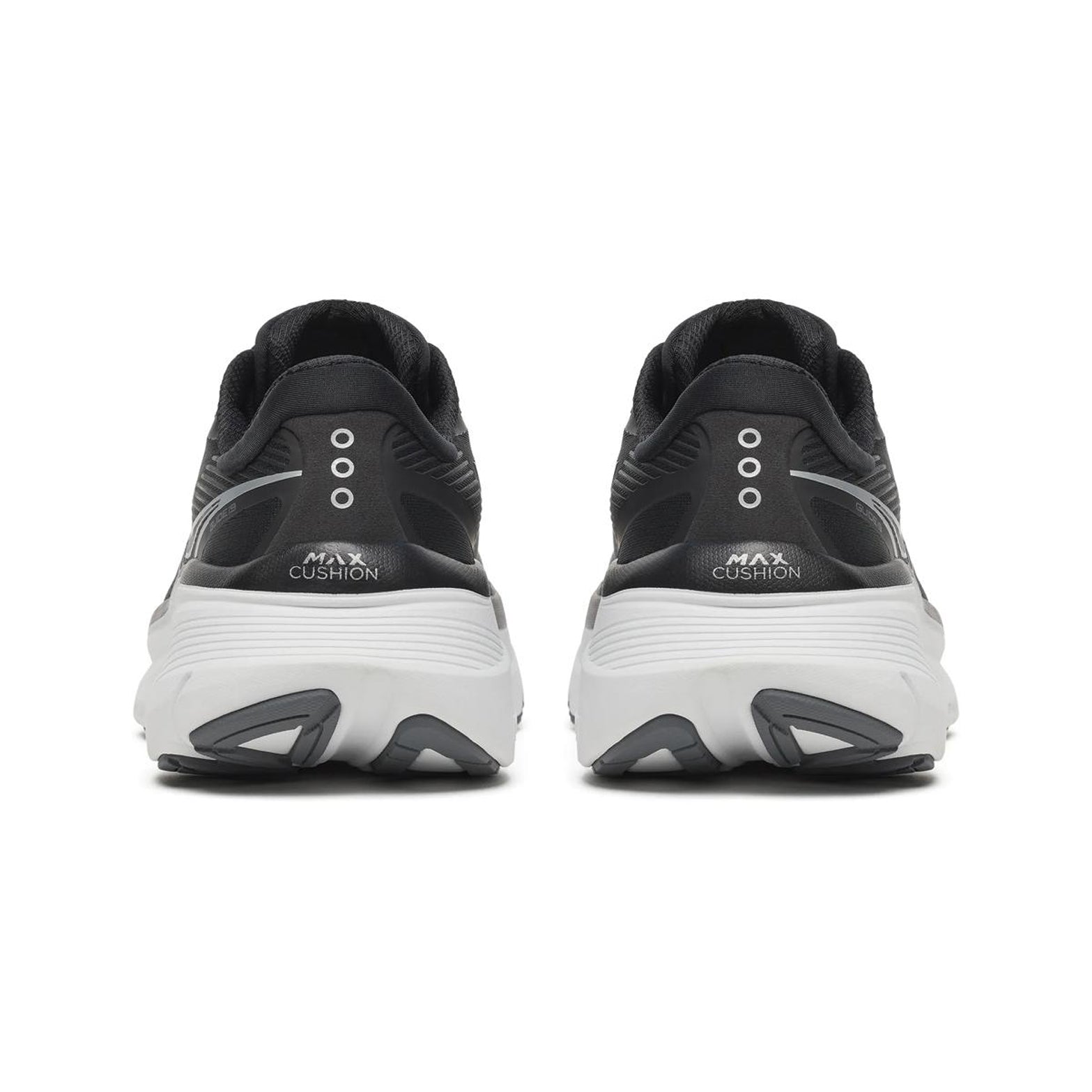 Saucony Guide 19 Wide Fit women's running shoe in Black / Silver — heel view showing CenterPath Technology sidewall construction, padded collar and silver PWRRUN cushioning midsole contrast
