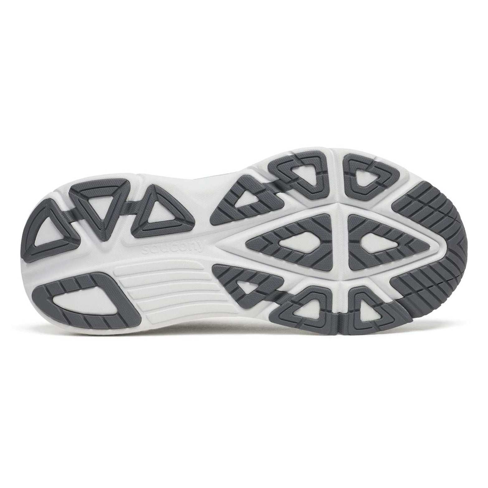 Saucony Guide 19 Wide Fit women's running shoe in Black / Silver — outsole view showing rubber tread pattern with enhanced forefoot flexibility zones and silver PWRRUN cushioning midsole stack