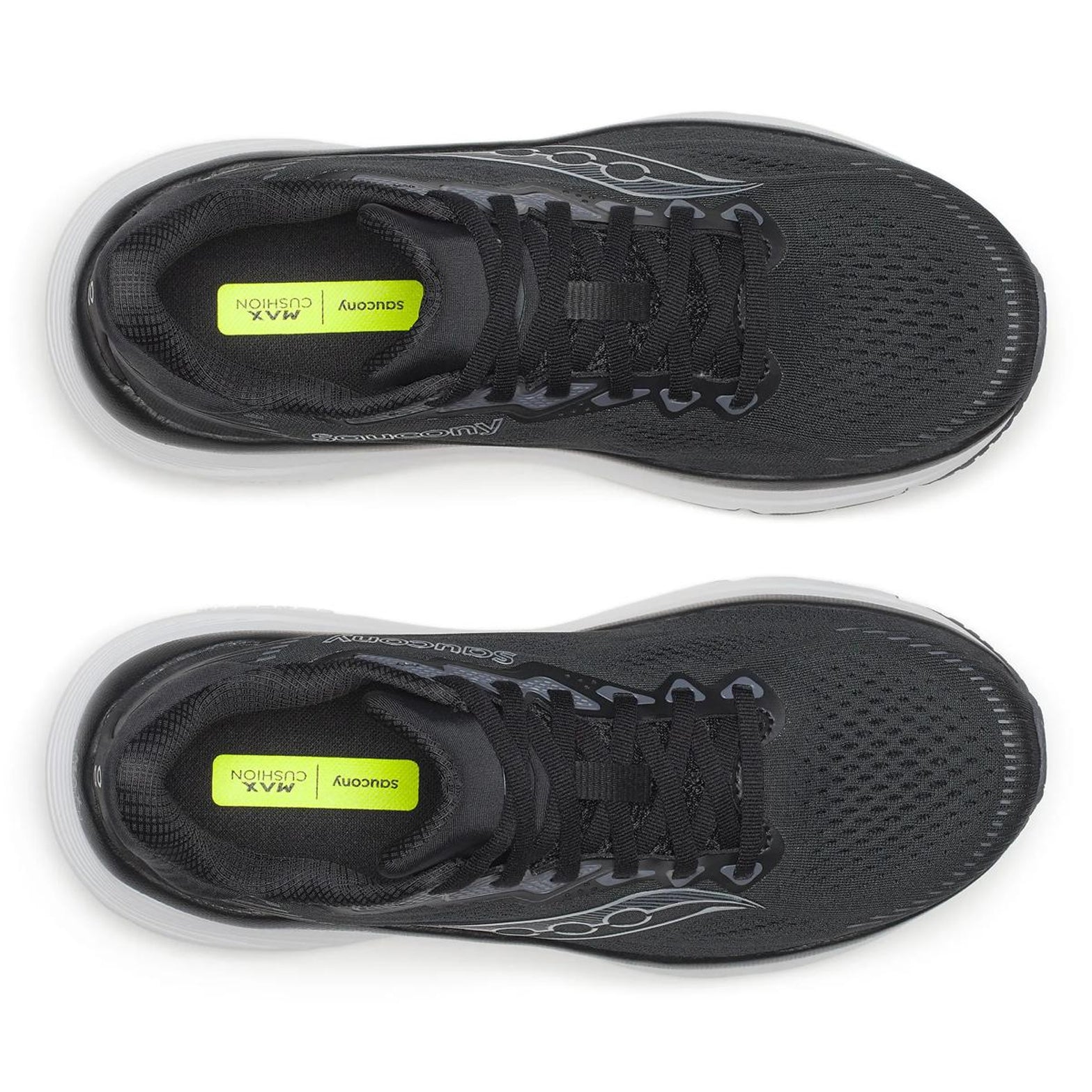 Saucony Guide 19 Wide Fit women's running shoe in Black / Silver — top-down view showing black adaptive mesh upper construction, wide fit silhouette and lace closure with silver detailing