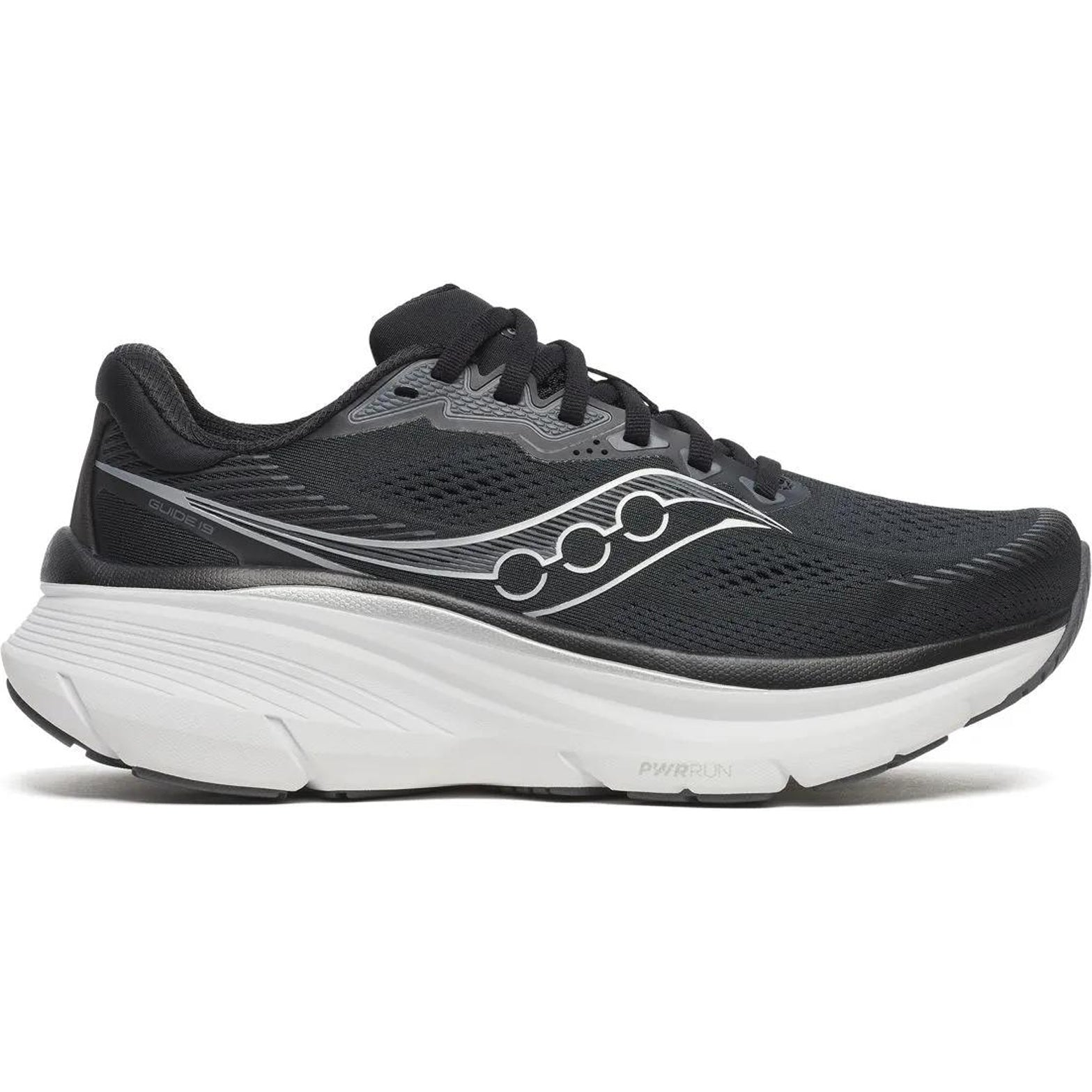 Saucony Guide 19 Wide Fit women's running shoe in Black / Silver — outer view showing black flexible mesh upper with silver accent detailing and PWRRUN cushioning midsole profile