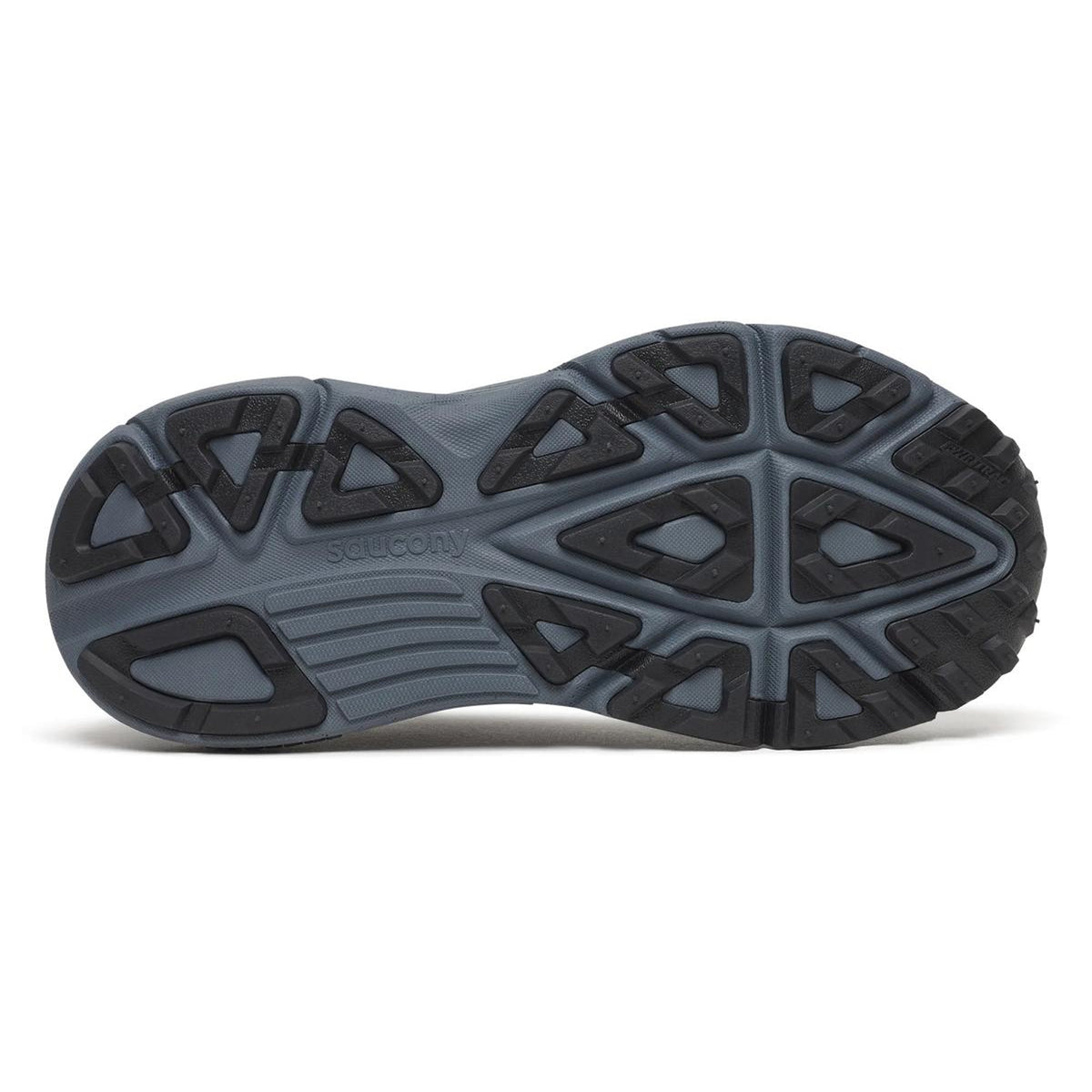 The underside of the Women’s Guide TR GTX Black / Gunmetal by Saucony features a textured black rubber sole with triangular and geometric treads for maximum cushion, stability, and traction.