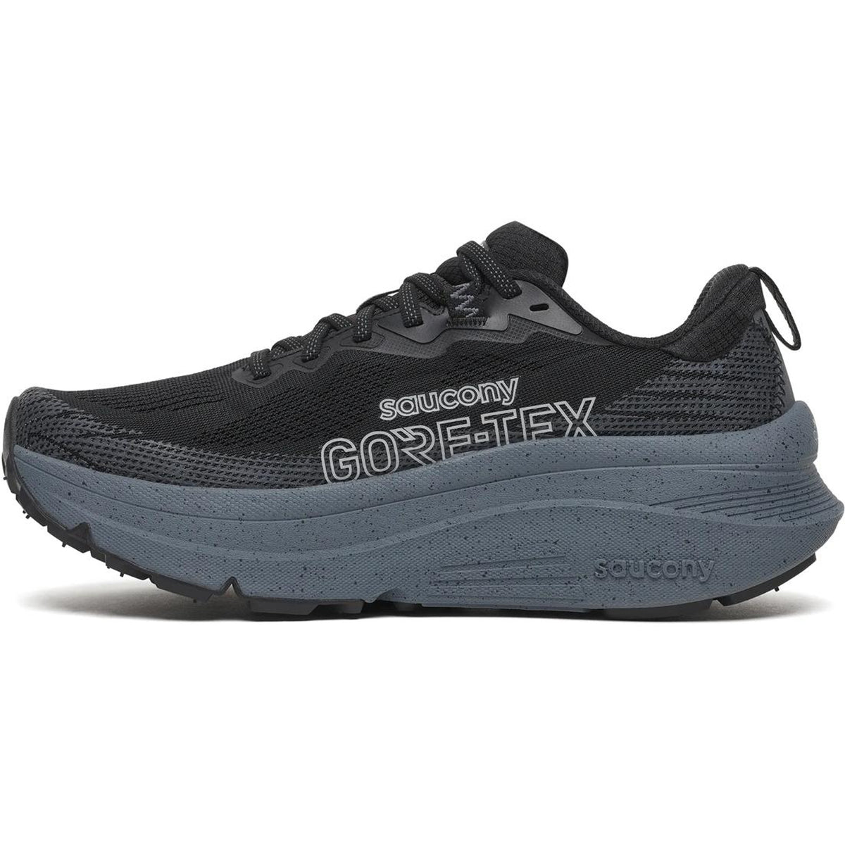 The Saucony Women’s Guide TR GTX Black / Gunmetal is a trail running shoe with GORE-TEX waterproofing, a thick gray speckled sole for max cushioning, and a breathable mesh upper.