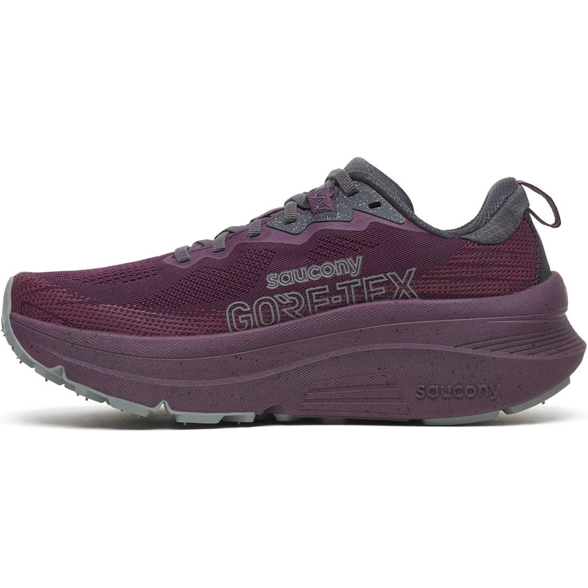 The Saucony Women’s Guide TR GTX Eggplant is a maroon waterproof running shoe with gray accents, max cushion stability, thick sole, and lace-up design, shown from the side on a white background.