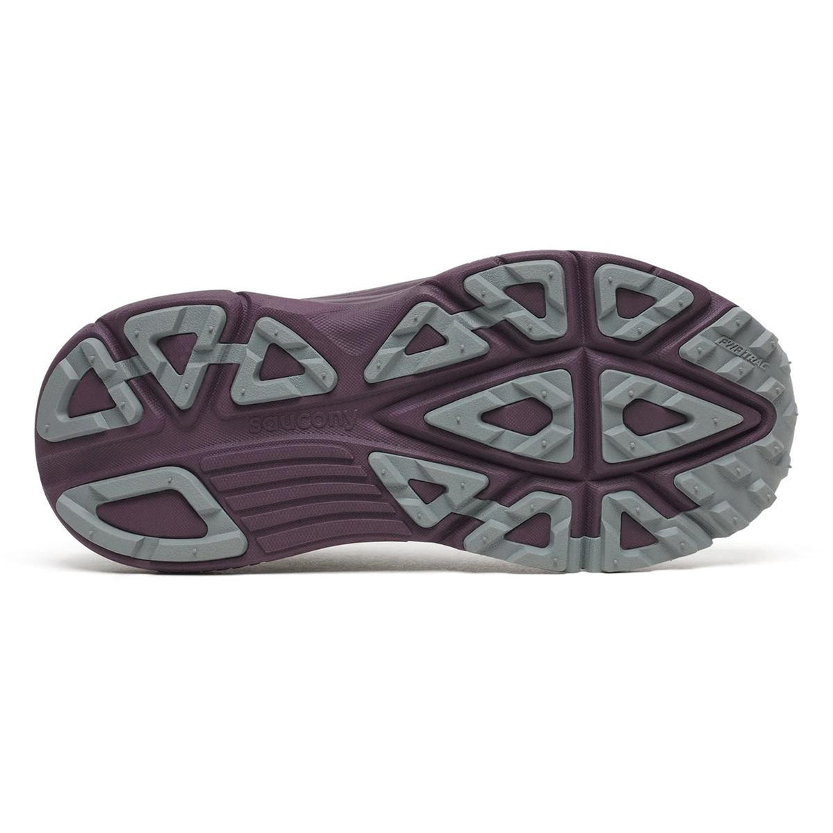 A close-up of the Saucony Women’s Guide TR GTX Eggplant sole, featuring a purple base and gray tread for traction—perfect for trail running in max cushion stability GORE-TEX waterproof shoes.