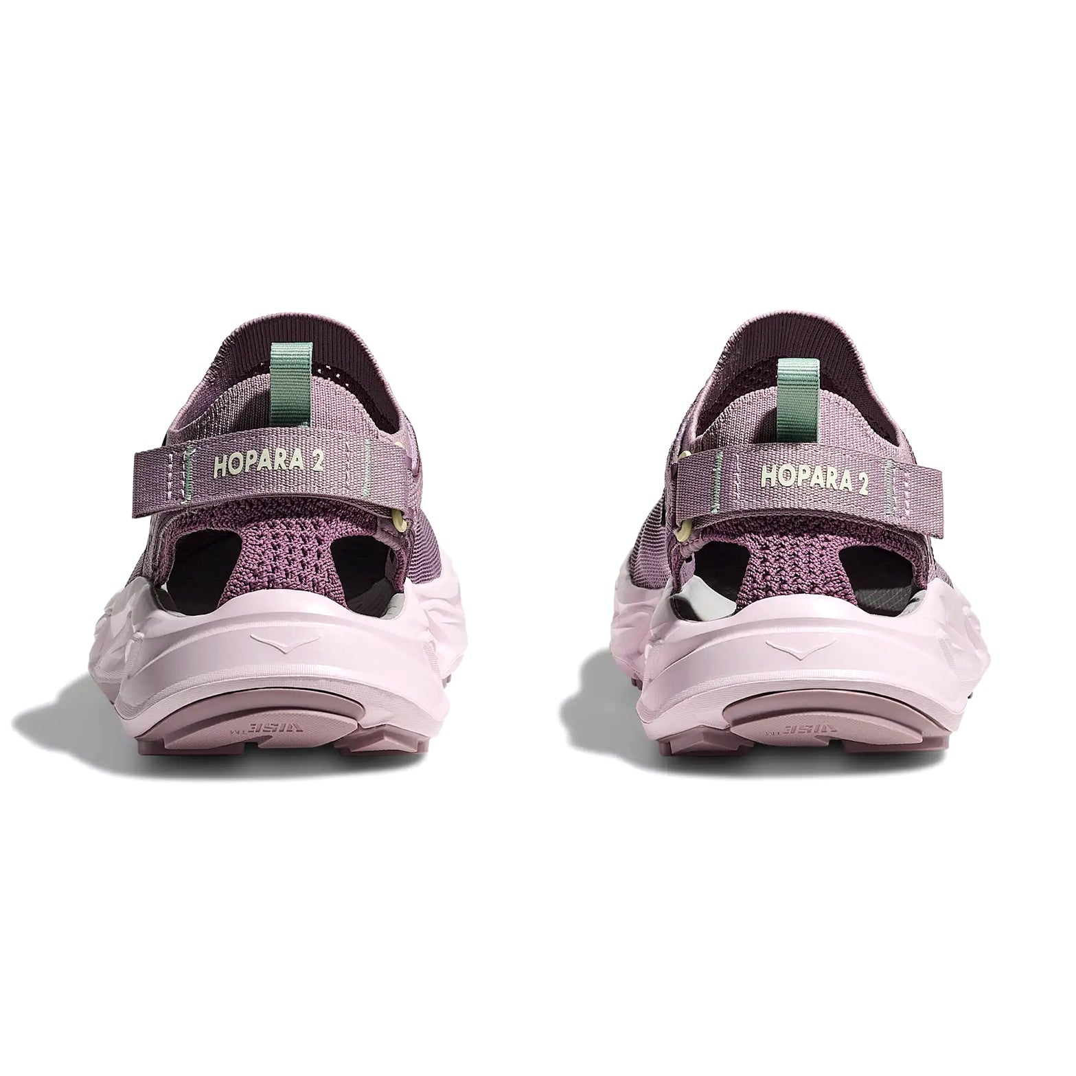 HOKA Hopara 2 women's sandal in Fragrant Lilac / Lilac Cream — heel view showing adjustable heel strap construction, durable rubber toe cap and lilac cream sugarcane EVA midsole contrast