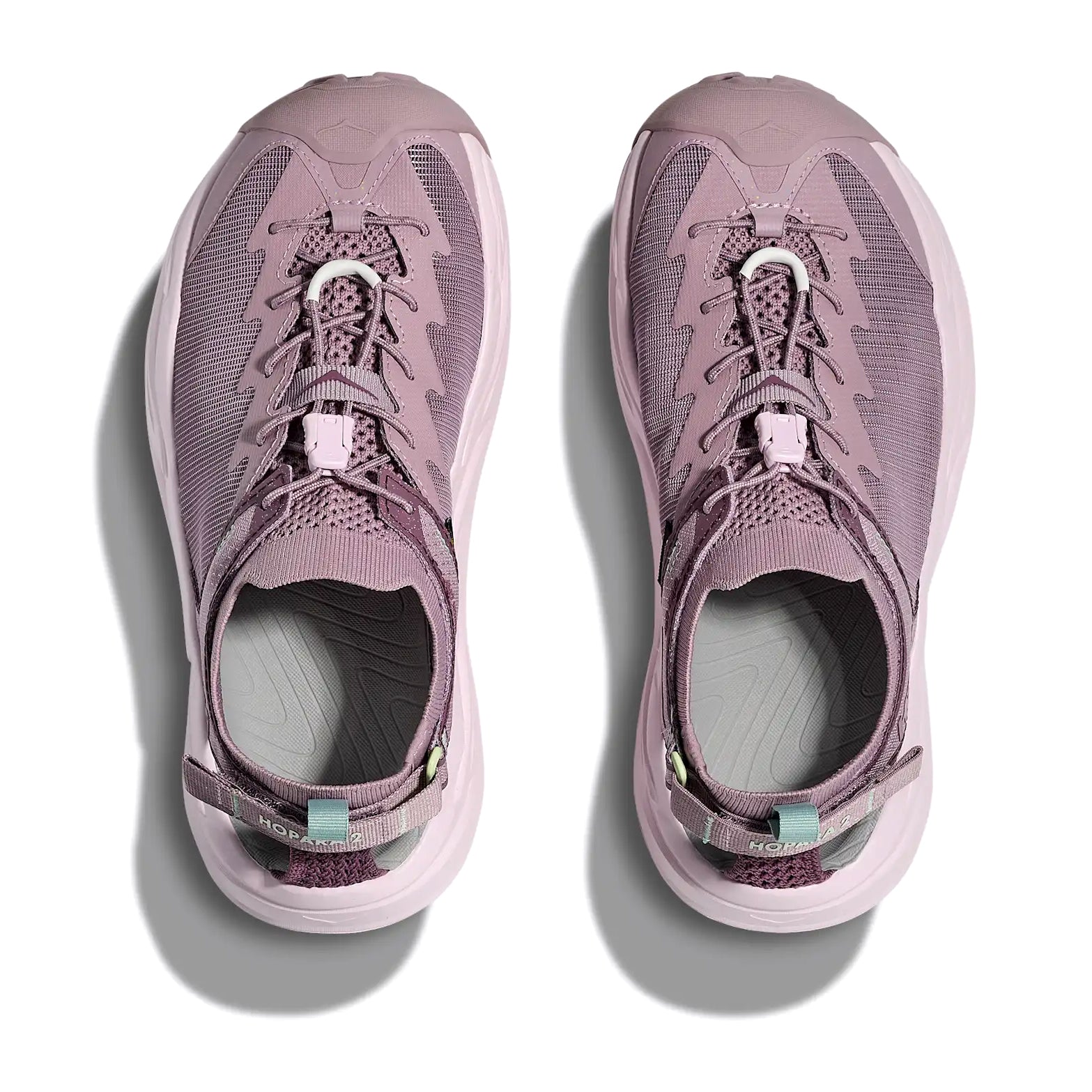 HOKA Hopara 2 women's sandal in Fragrant Lilac / Lilac Cream — top-down view showing fragrant lilac recycled knit upper, quick-toggle lace system, ripstop overlay and Cordura® mesh drainage detail