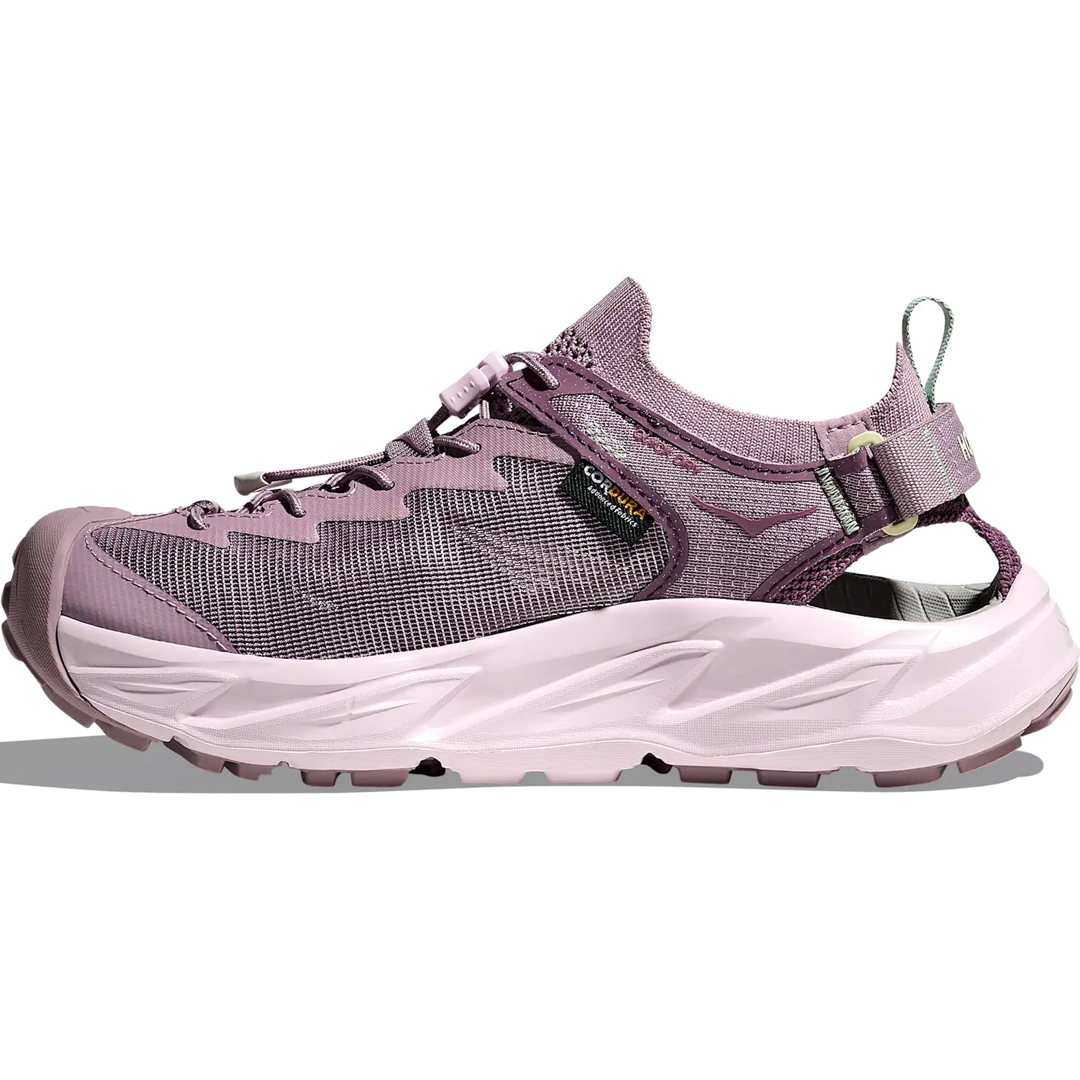 HOKA Hopara 2 women's sandal in Fragrant Lilac / Lilac Cream — inner view showing fragrant lilac recycled knit upper, lilac cream sugarcane EVA topsole and adjustable heel strap construction