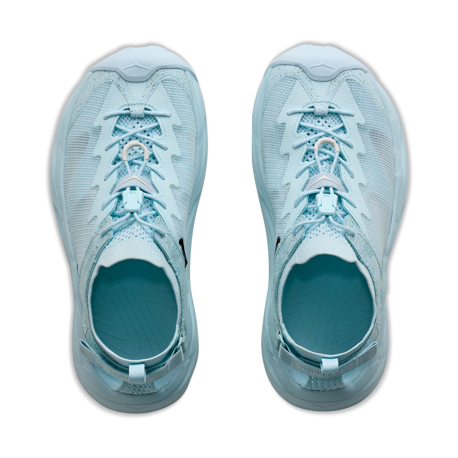 Women's HOKA Hopara 2 Sandal Glimmering Blue Glimmering Blue top view showing 100% recycled knit upper with water repellency treatment and recycled Cordura mesh overlays for drainage and debris protection