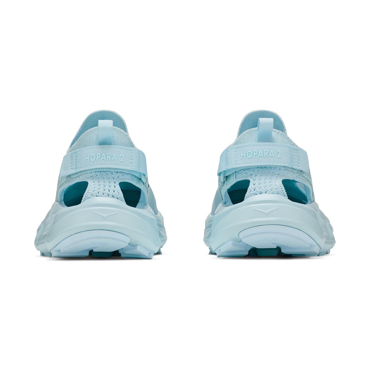 Women's HOKA Hopara 2 Sandal Glimmering Blue Glimmering Blue heel view showing adjustable heel strap with sugarcane EVA midsole and ripstop overlay for secure amphibious trail performance