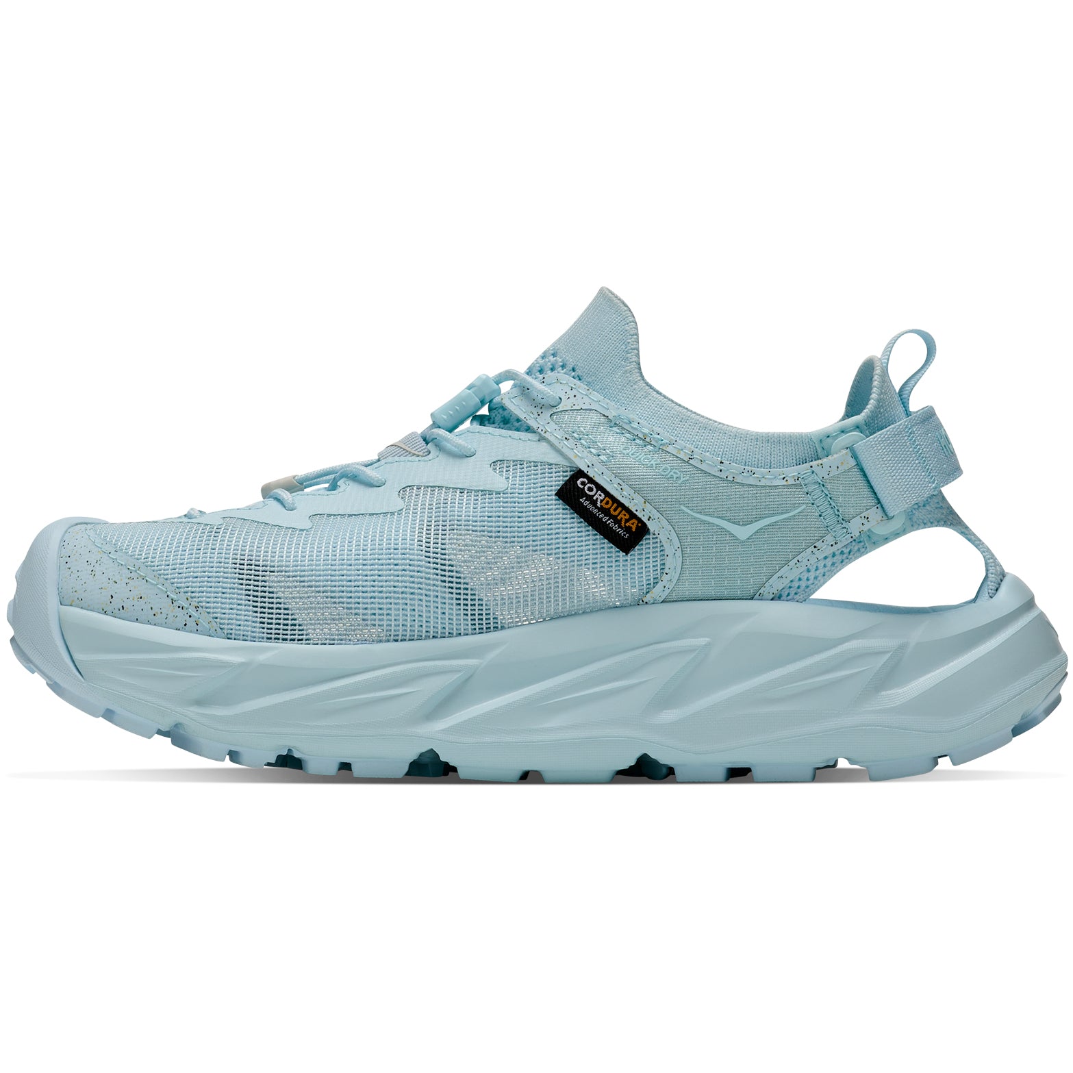 Women's HOKA Hopara 2 Sandal Glimmering Blue Glimmering Blue inner side view showing sugarcane EVA topsole with quick-toggle lace system and adjustable heel strap for secure trail fit