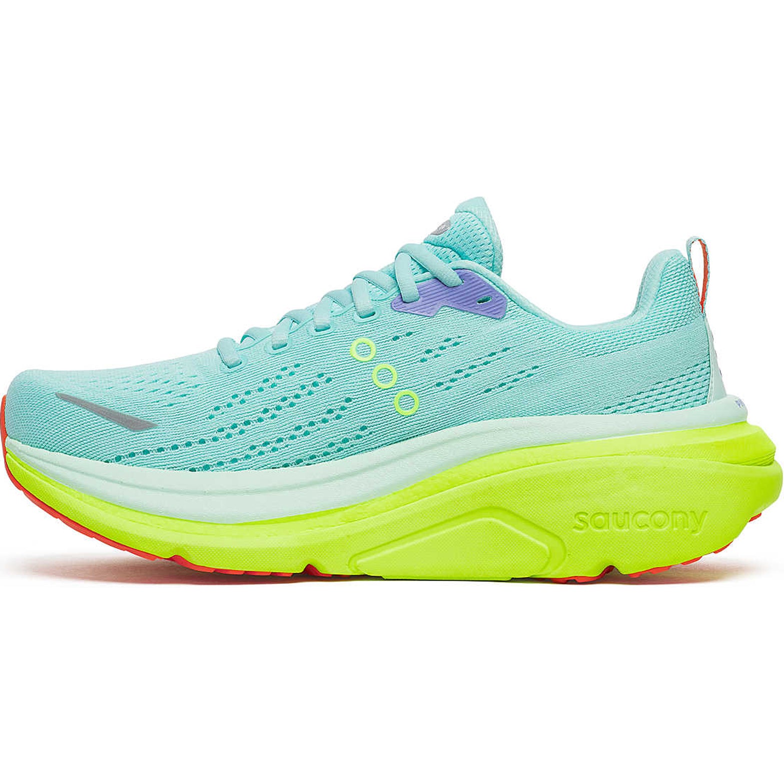 Women's Saucony Hurricane 25 Running Shoes Aqua Citron inner side view showing CenterPath Technology and dual-density PWRRUN foam midsole