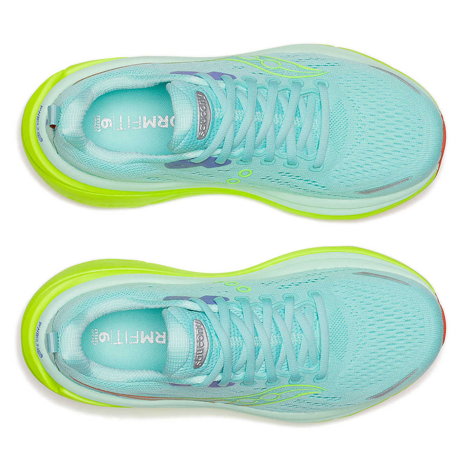 Women's Saucony Hurricane 25 Running Shoes Aqua Citron pair top view showing engineered mesh upper, eyestay webbing and lacing system