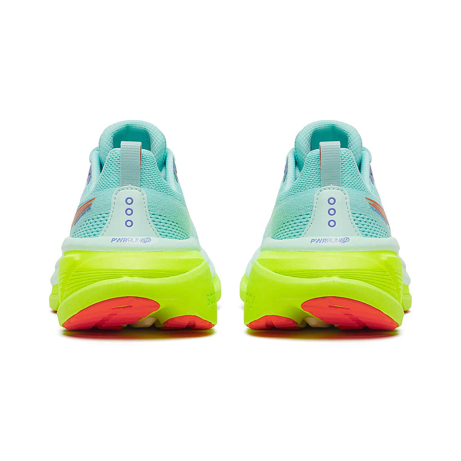 Women's Saucony Hurricane 25 Running Shoes Aqua Citron pair heel view showing heel pull tabs, padded collar and midsole stack height