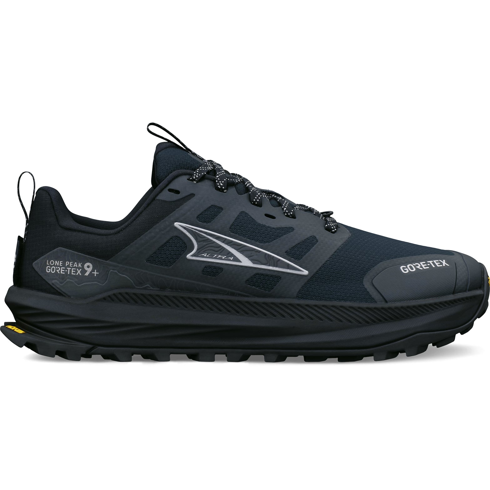 Altra Lone Peak 9 Plus GORE-TEX women's trail running shoes in Black Black outer side view showing Vibram Megagrip outsole and waterproof ripstop mesh upper