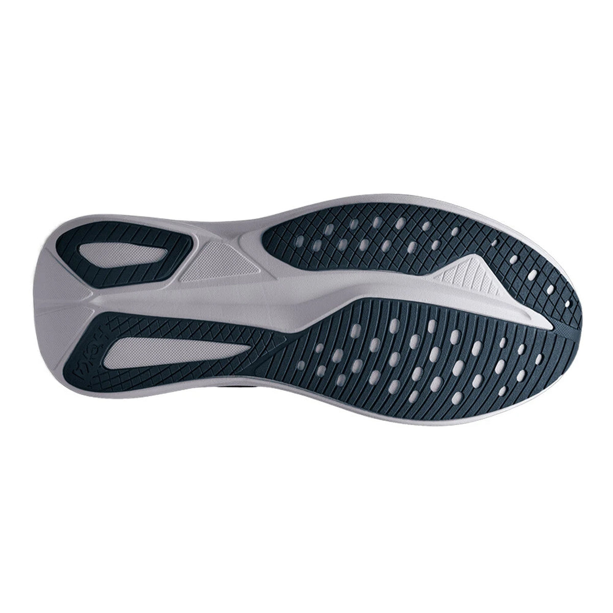 Textured grip pattern on the dark blue and light gray outsole of the Women’s Mach 7 Running Shoes Faded Navy / Gold by Hoka.