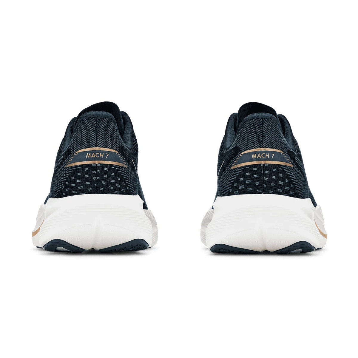 Back view of two Women’s Mach 7 Running Shoes Faded Navy / Gold with white soles, featuring MACH 7 printed on the heel tab.
