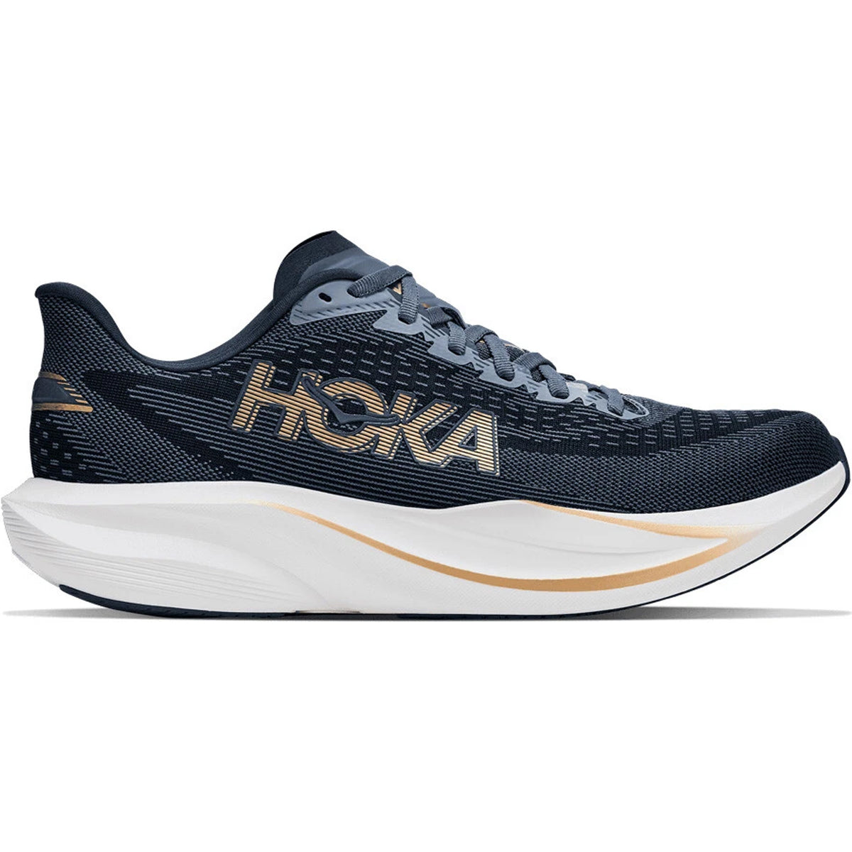 Women’s Mach 7 Running Shoes Faded Navy / Gold with gold accents and a thick white supercritical EVA foam midsole.