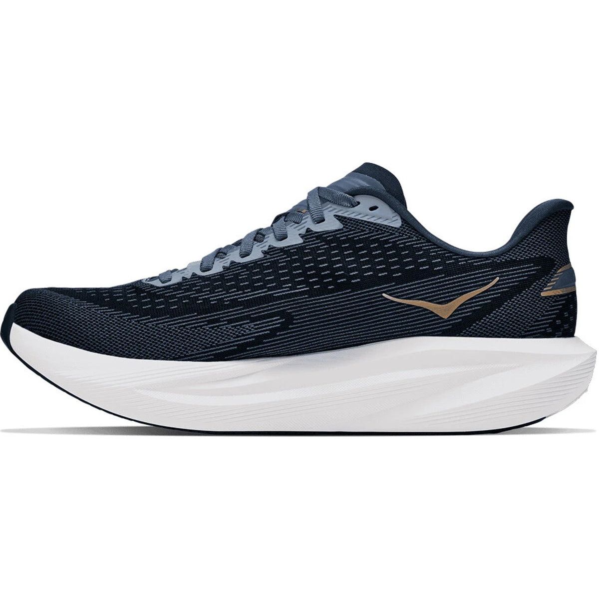 Women’s Mach 7 Running Shoes Faded Navy / Gold, a dark navy blue Hoka running shoe with a thick white cushioned sole and gold accents.