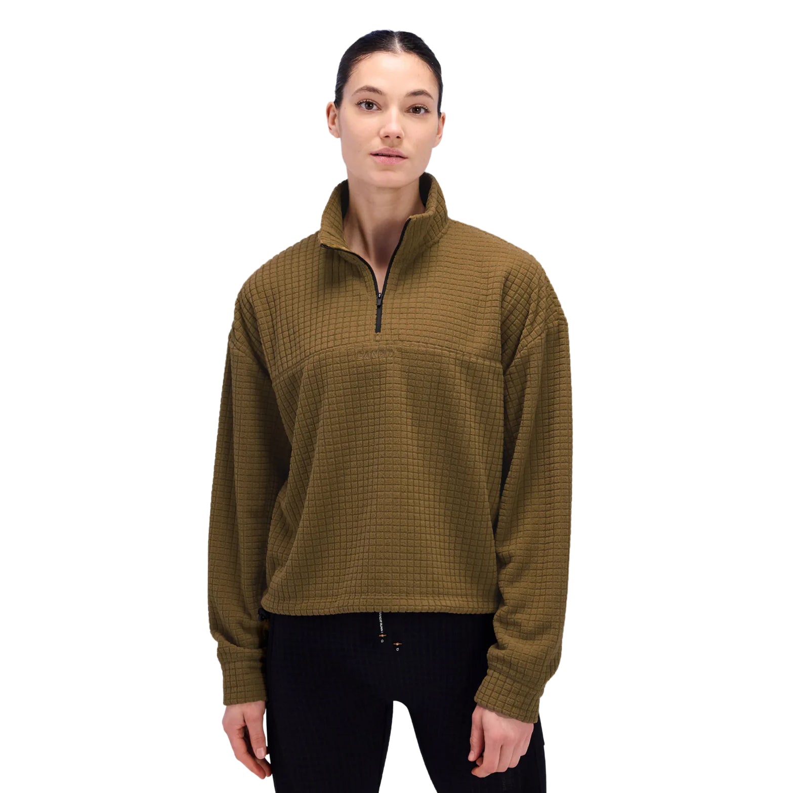 Bandit Women's MacroSoft Grid Quarter Zip front view on model showing mockneck and embroidered branding
