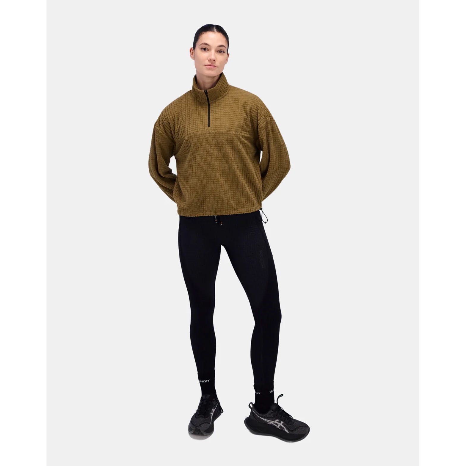 Bandit Women's MacroSoft Grid Quarter Zip front full body view on model showing relaxed cropped fit