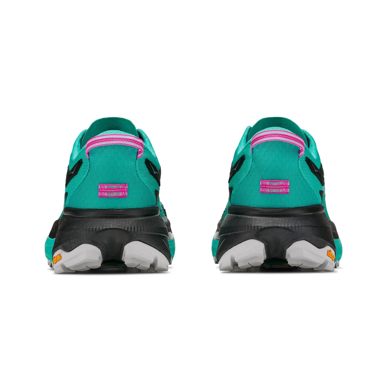 A pair of Women’s Mafate 5 Trail Running Shoes by Hoka in Black / Electric Aqua, shown from the back, featuring black and white soles, black accents, pink heel pull tabs, and engineered for technical trail running with maximum protection.