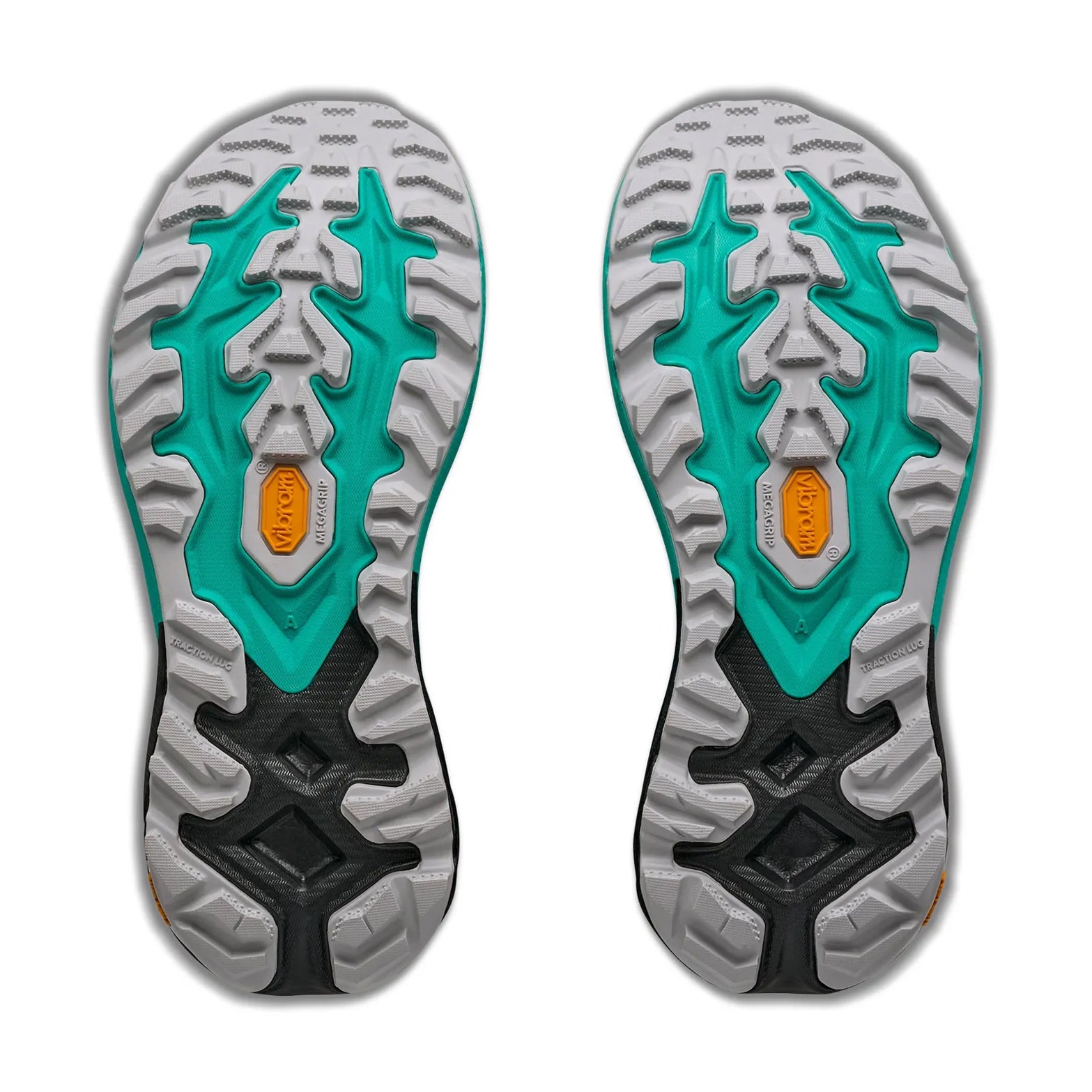 Two Vibram outsoles from the Hoka Women’s Mafate 5 Trail Running Shoes in Black / Electric Aqua are displayed side by side on a white background, featuring gray, teal, and black tread patterns with yellow Vibram logos. Designed for technical trail running, these outsoles provide superior protection and grip on rugged terrain.