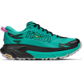 The Hoka Women’s Mafate 5 Trail Running Shoes in Black / Electric Aqua feature a thick white and black sole, black laces, vibrant yellow and pink accents, and bold HOKA branding on the side—engineered for technical trail running to deliver maximum protection with every step.