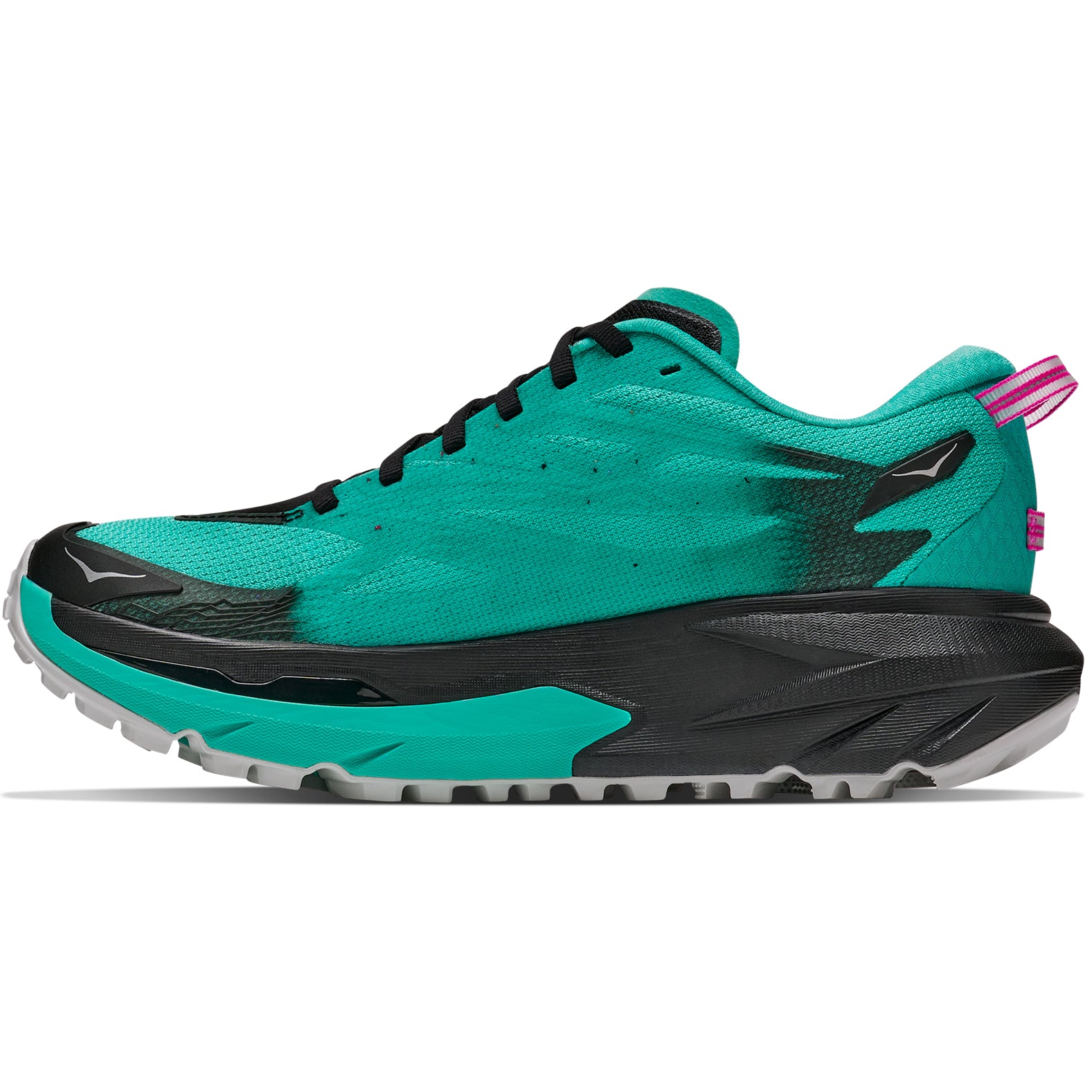 The Hoka Women’s Mafate 5 Trail Running Shoes in Black / Electric Aqua are designed for technical trail running, featuring a thick, cushioned sole for maximum protection, a white outsole, and a pink pull tab on the heel. The shoe is shown in a side profile view.