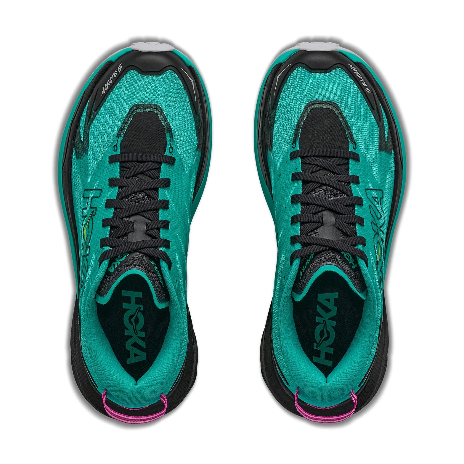 A pair of Hoka Women’s Mafate 5 Trail Running Shoes in Black / Electric Aqua are viewed from above, featuring black laces, black and pink accents, and the HOKA logo visible on the insoles and sides. Designed for technical trail running with maximum protection, these shoes are placed side by side on a white background.