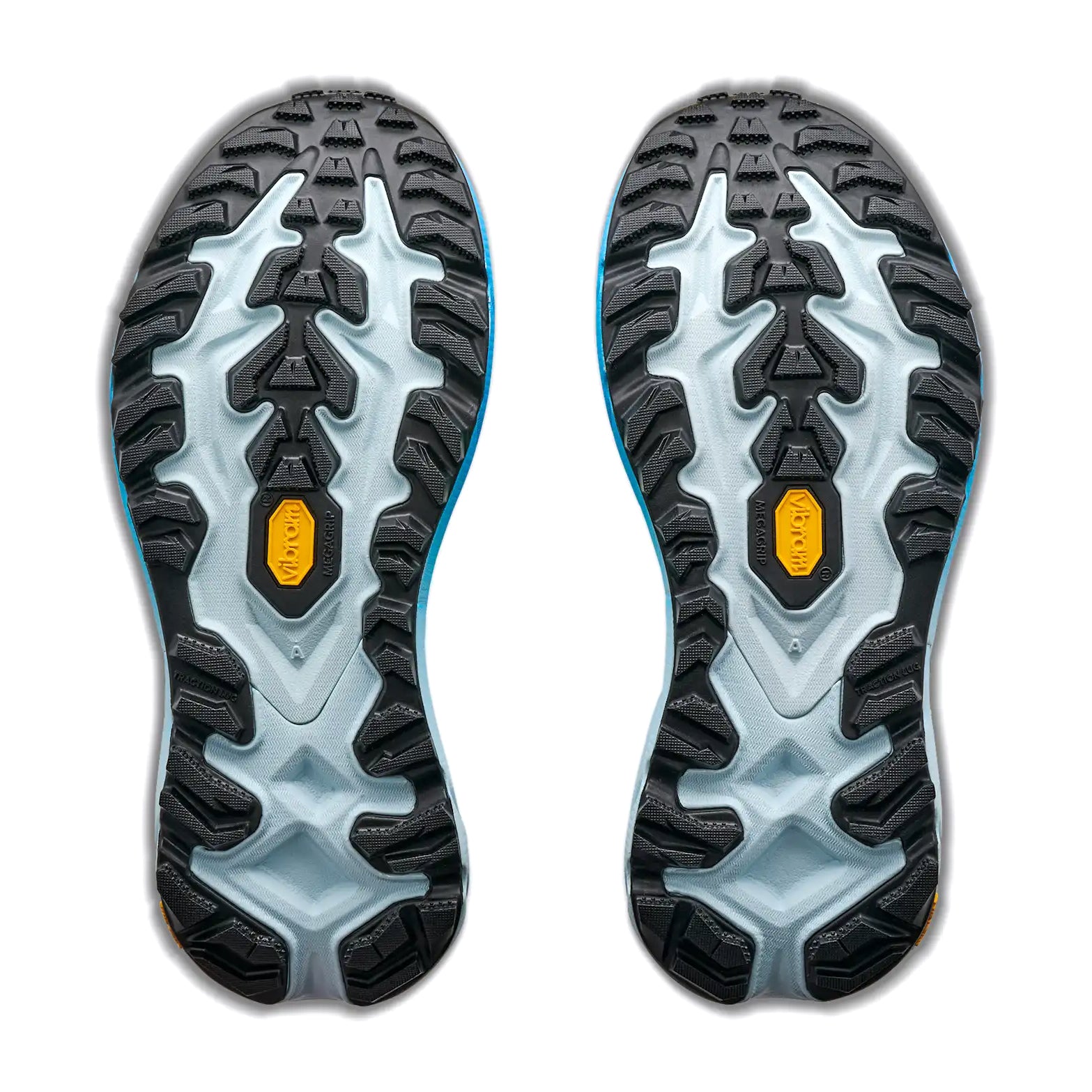 Women's HOKA Mafate 5 Trail Running Shoes Frost Tart Apple sole view displaying Vibram Megagrip outsole with aggressive 5mm Traction Lug technology for confident grip on mud, rocks and steep technical terrain