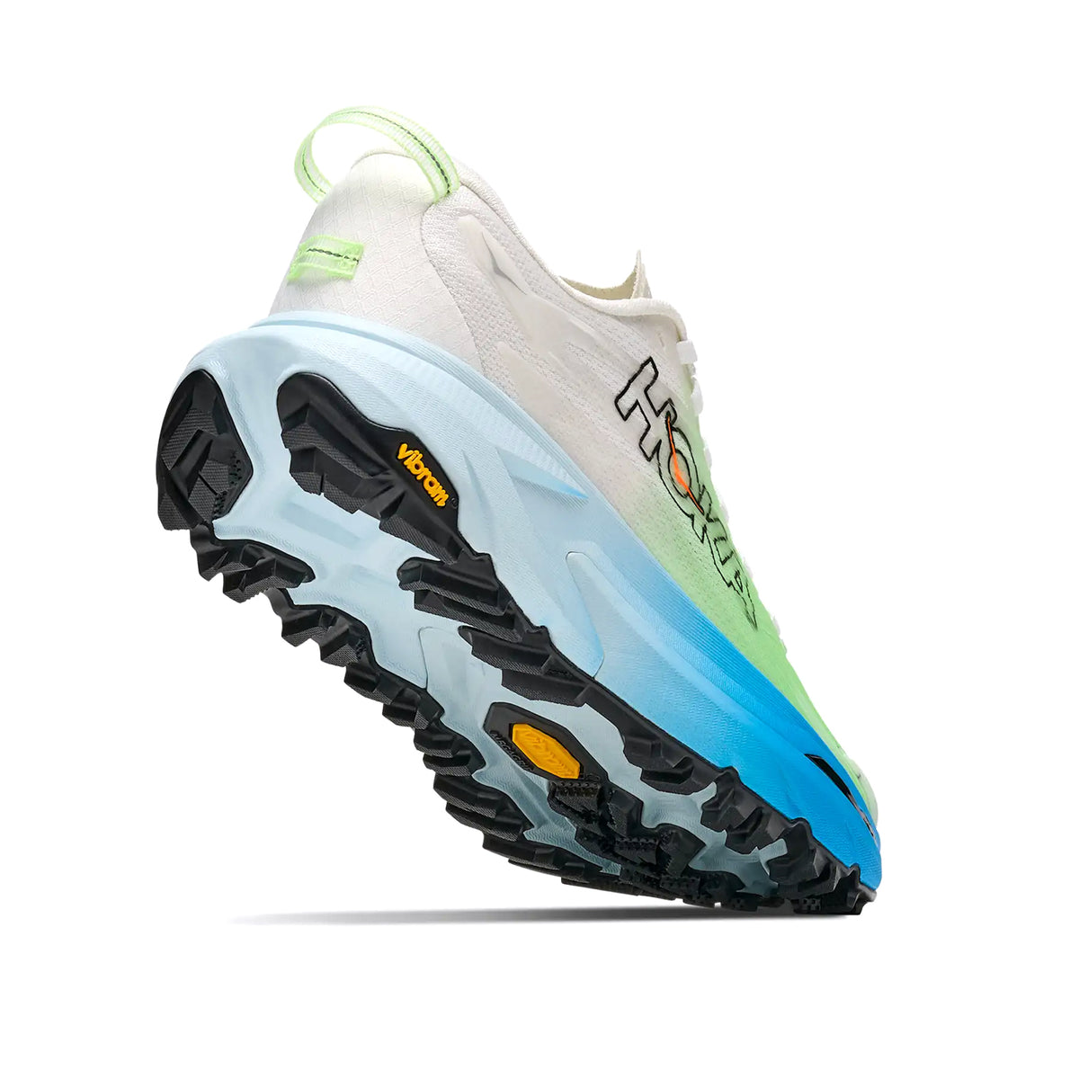 Women's HOKA Mafate 5 Trail Running Shoes Frost Tart Apple angled side and heel view showing dual-density midsole with Rocker Integrity Technology, Vibram Megagrip 5mm lugs and TPU cage for maximum cushioned technical trail protection