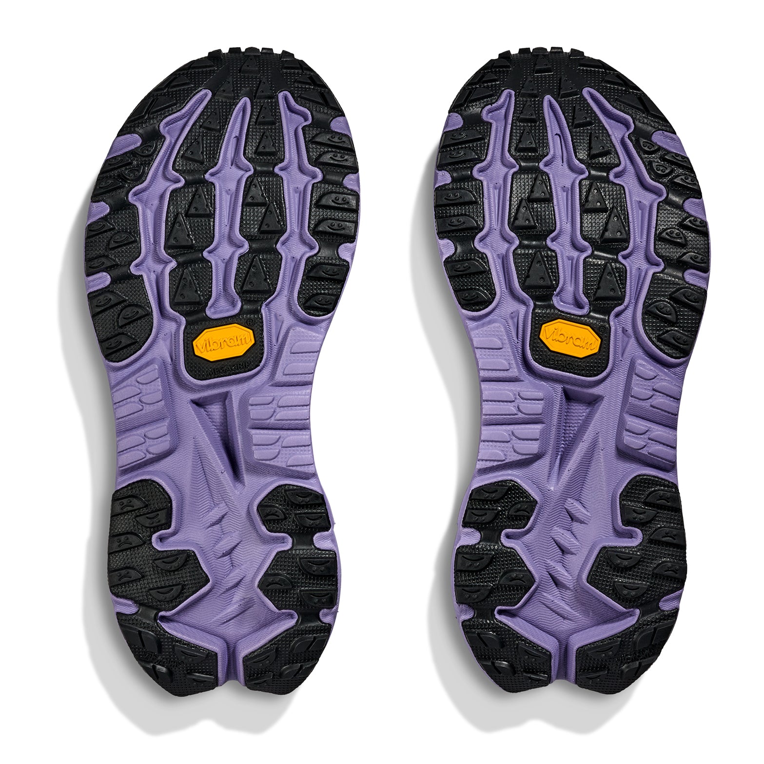 HOKA Mafate X women's trail running shoe in Berry Jam / Squid Ink — outsole view showing Vibram® Megagrip rubber tread pattern with pod-shaped cutouts and squid ink dual-density foam midsole stack