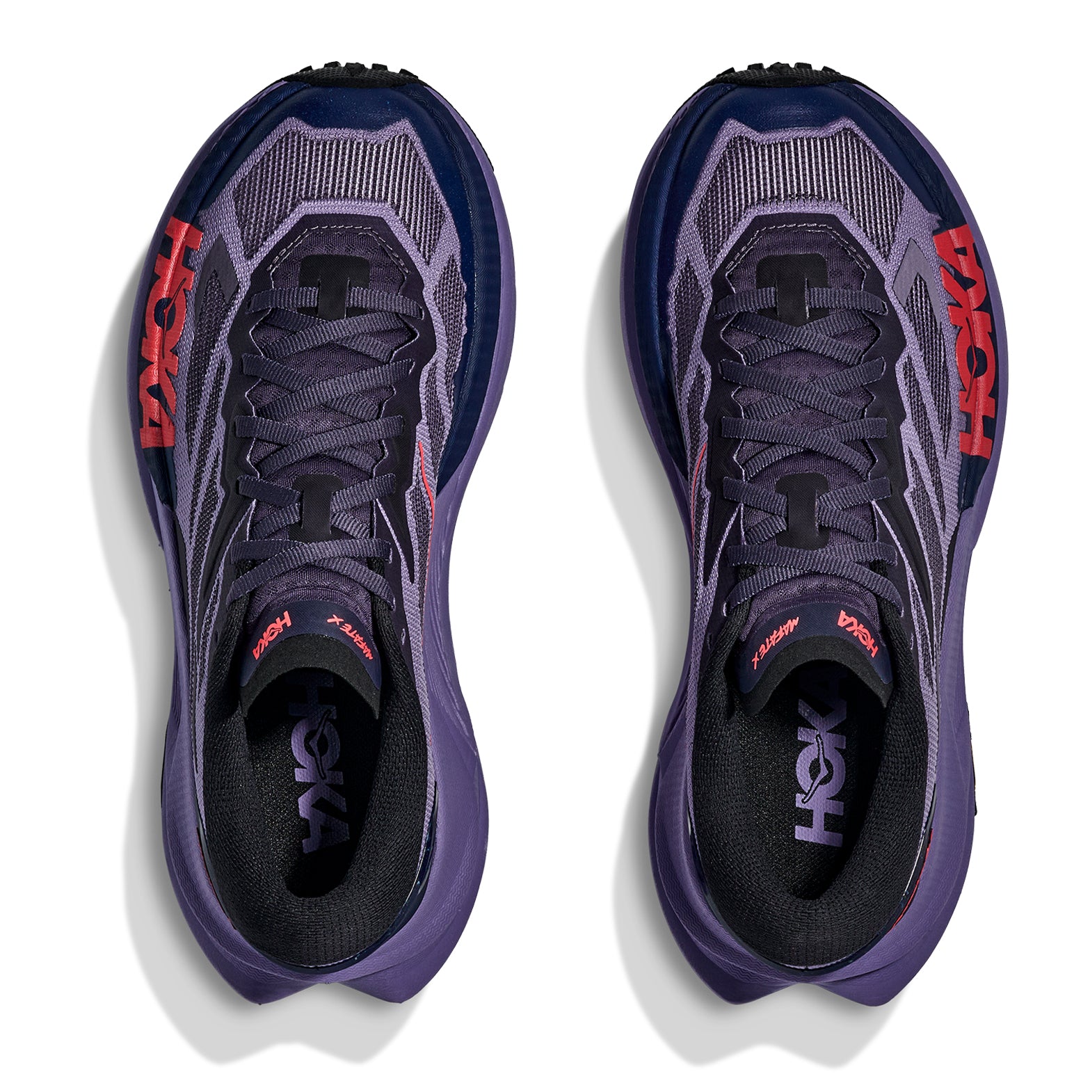 HOKA Mafate X women's trail running shoe in Berry Jam / Squid Ink — top-down view showing berry jam woven textile upper, gusseted tongue construction, protective toe cap and lace closure with squid ink detailing