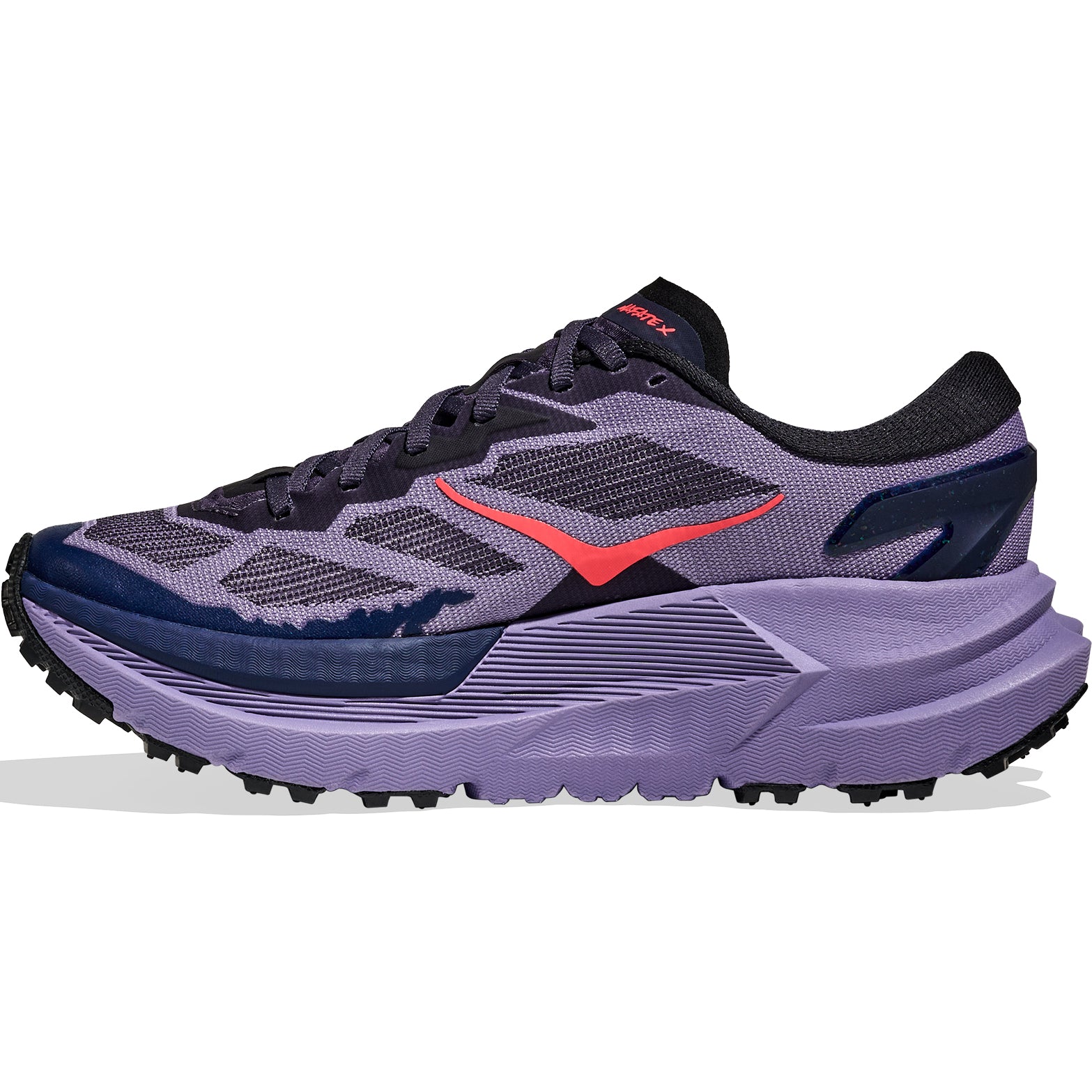 HOKA Mafate X women's trail running shoe in Berry Jam / Squid Ink — inner view showing berry jam woven textile upper, squid ink midsole detailing, TPU heel counter and dual-density foam chassis construction
