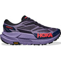 HOKA Mafate X women's trail running shoe in Berry Jam / Squid Ink — outer view showing berry jam woven textile upper with squid ink accent detailing, protective toe cap and Vibram® Megagrip outsole profile